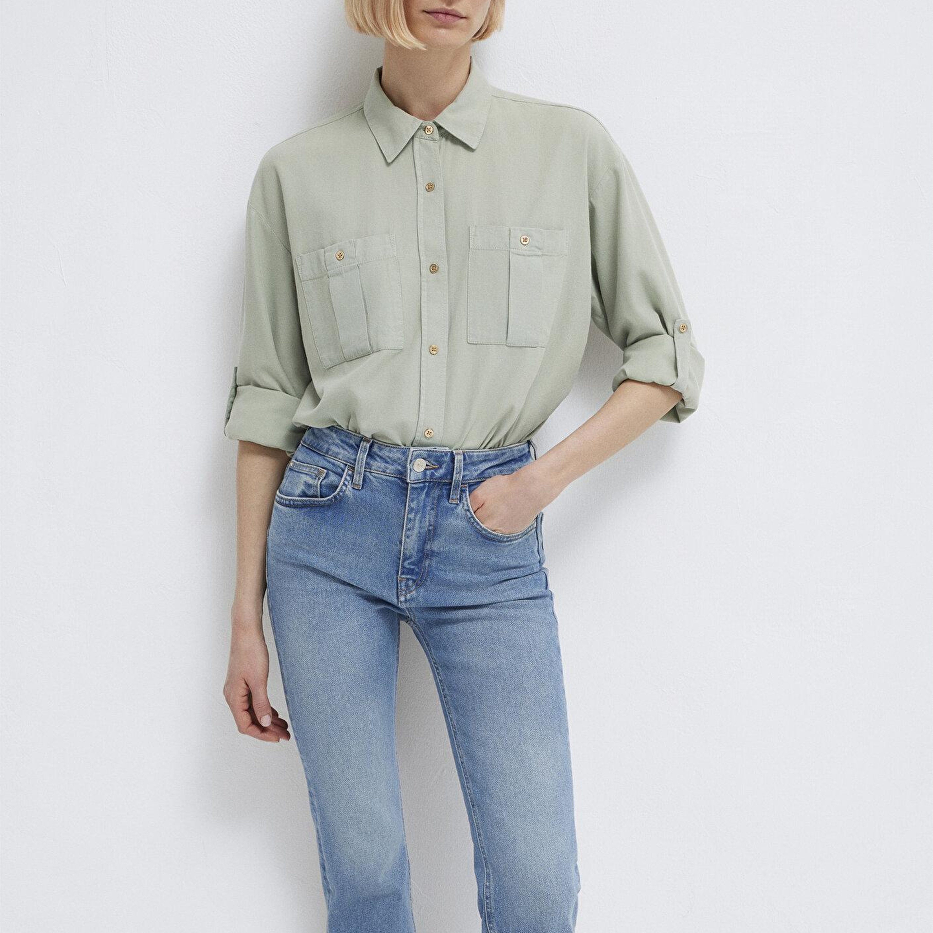 Mavi Düğme Detaylı Yeşil Gömlek Loose Fit / Bol Rahat Kesim 1211383-70113