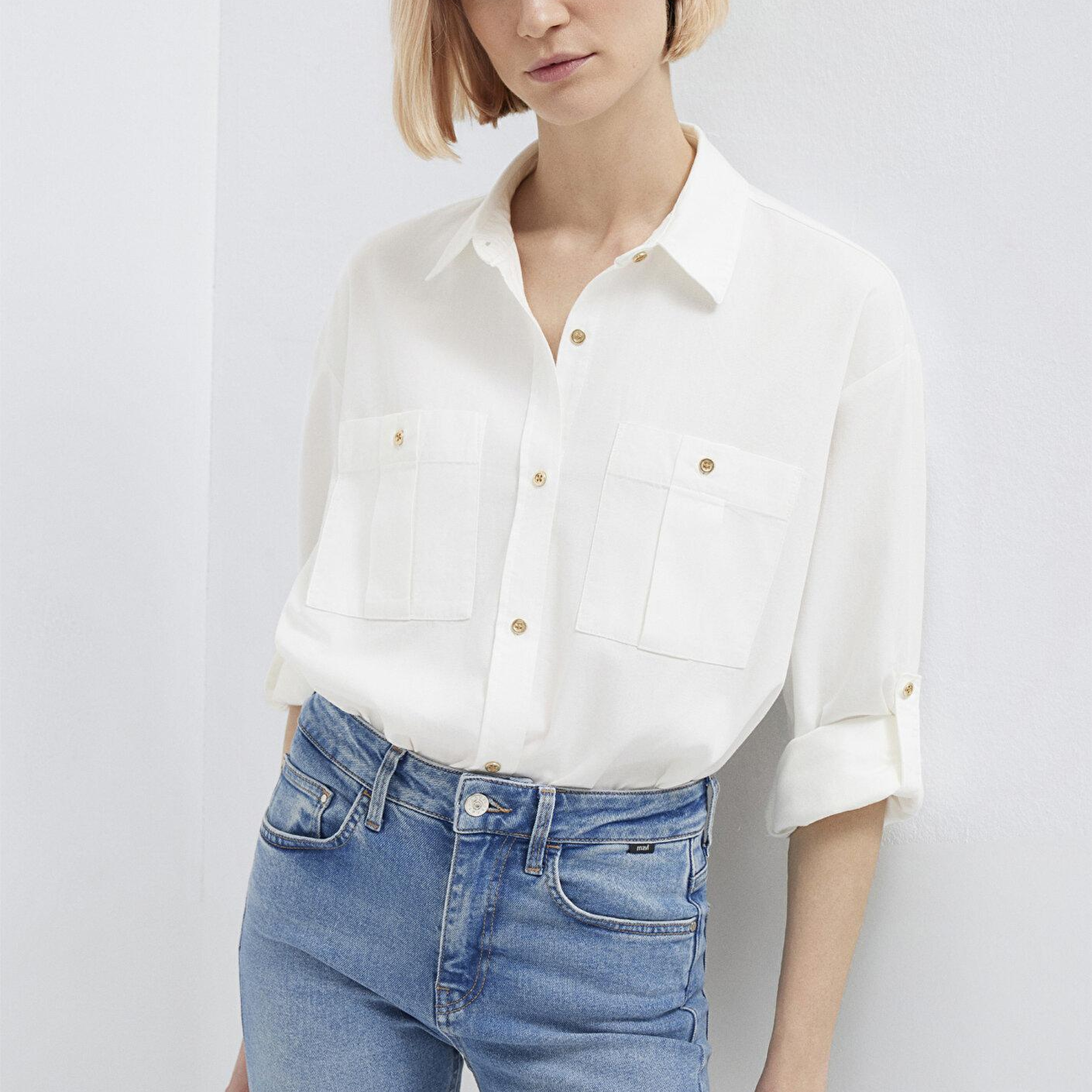 Mavi Düğme Detaylı Ekru Gömlek Loose Fit / Bol Rahat Kesim 1211383-70057