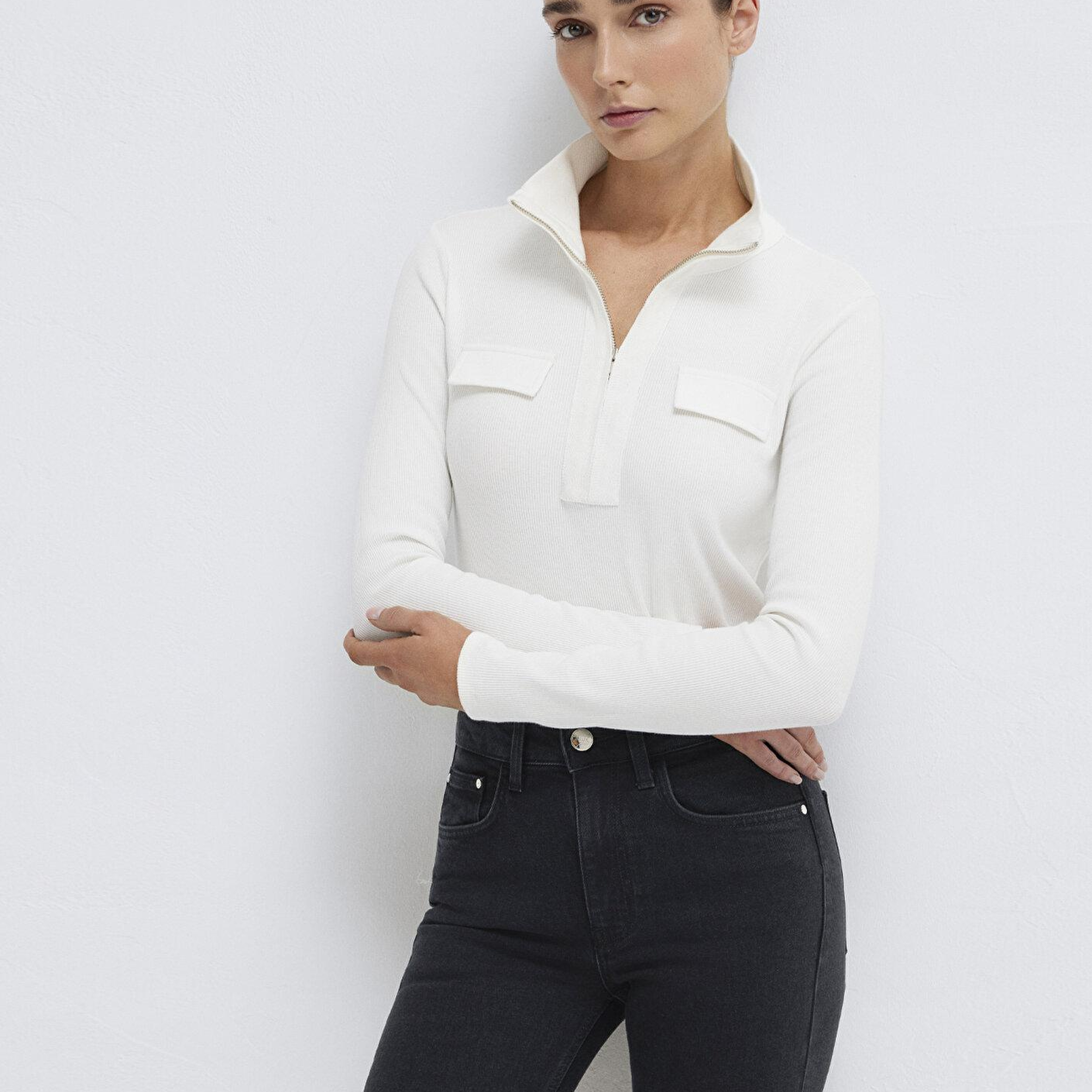 Mavi Dik Yaka Ekru Tişört Slim Fit / Dar Kesim 1613748-70057
