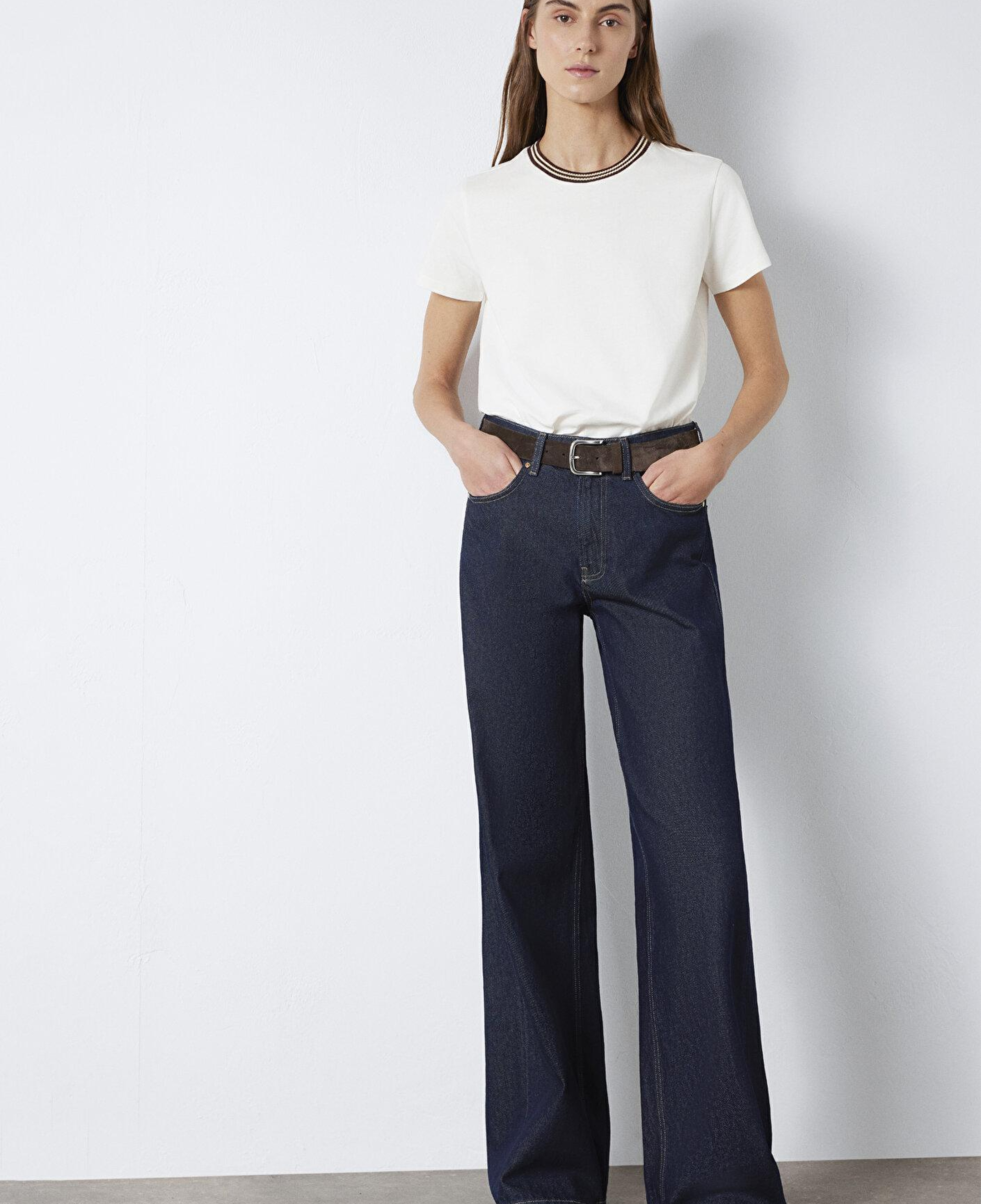 Mavi Yaka Detaylı Ekru Tişört Semi Slim Fit / Yarı Dar Kesim 1613747-70048
