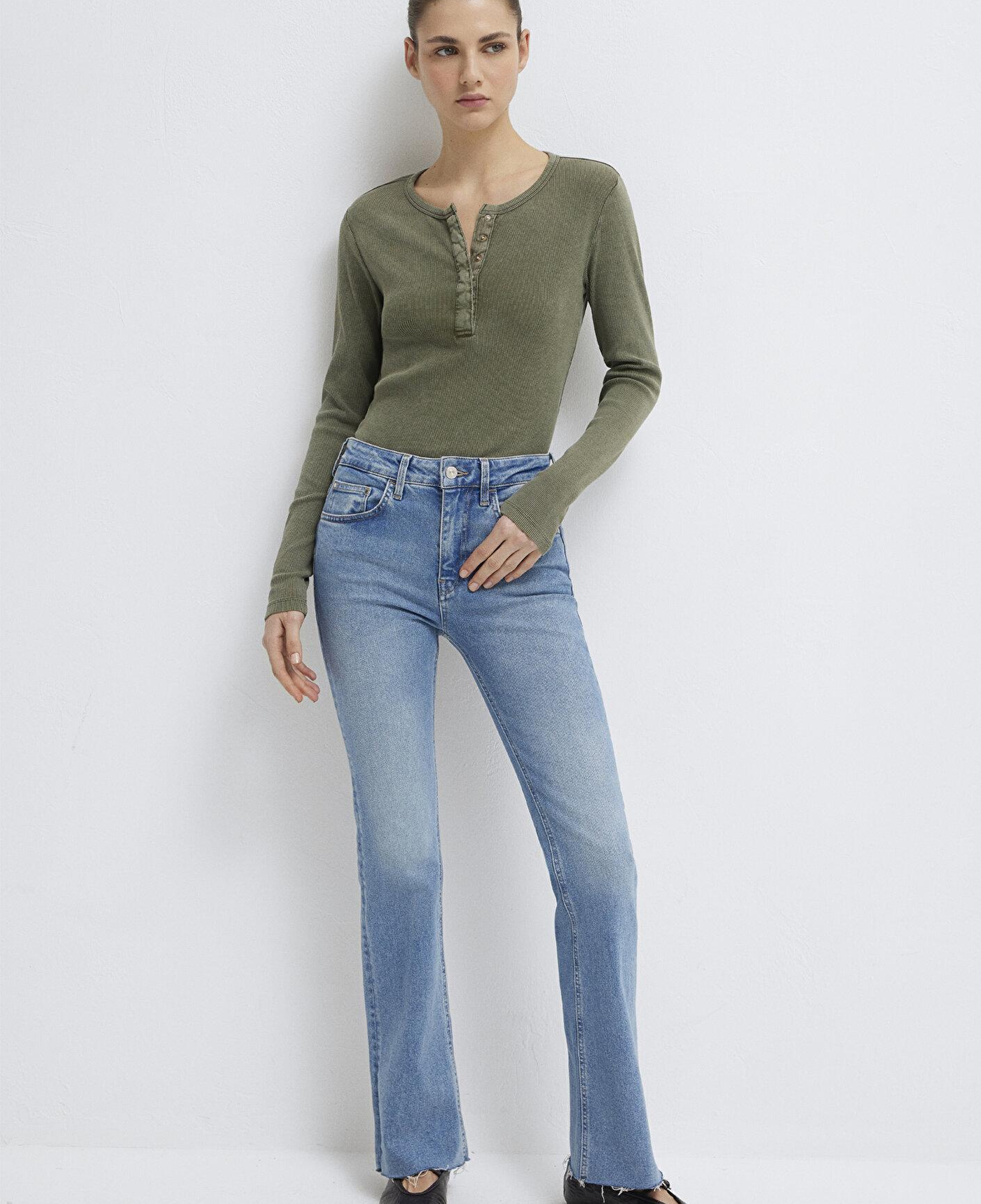 Mavi Yarı Düğmeli Uzun Kollu Haki Tişört Slim Fit / Dar Kesim 1613750-80769