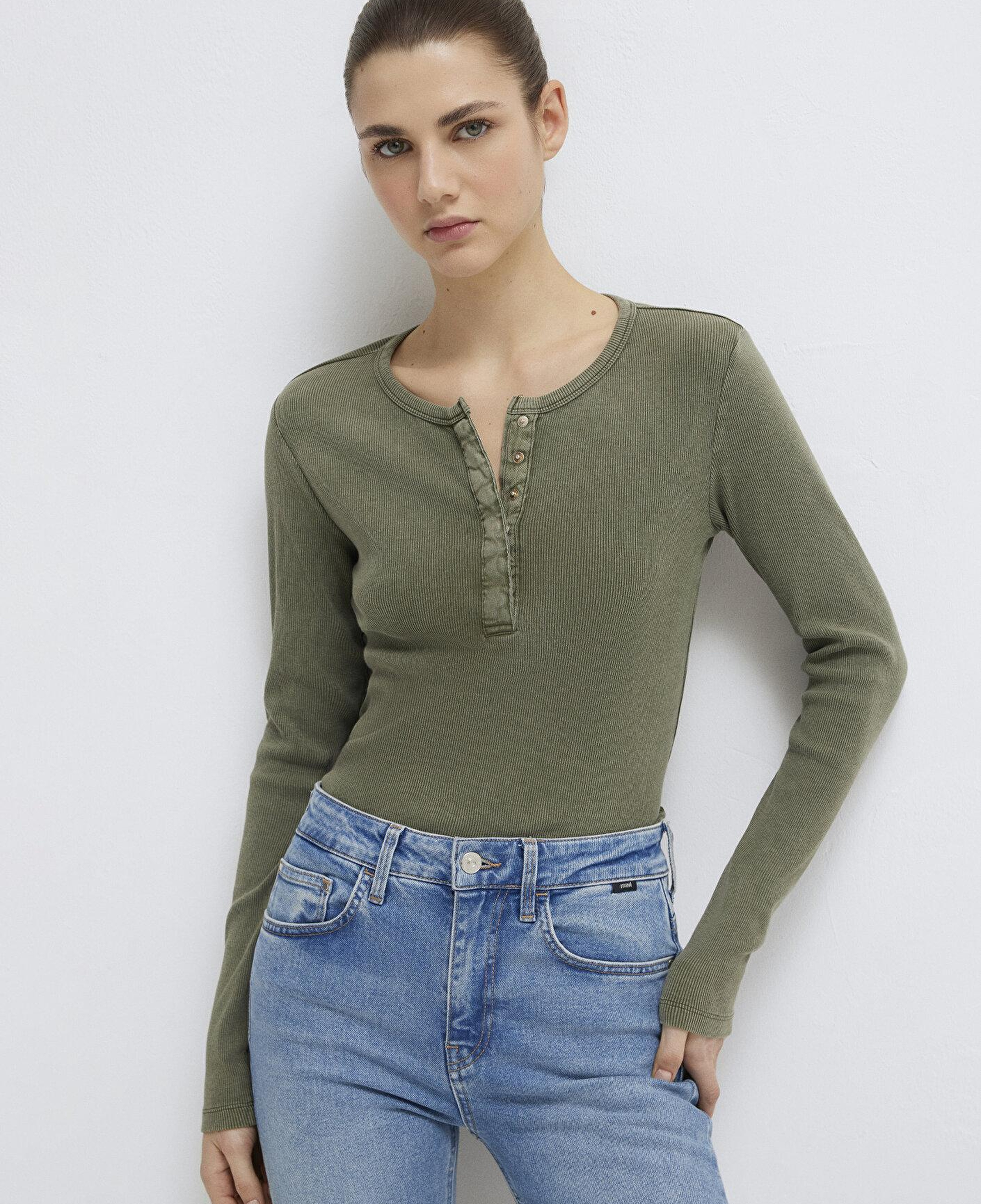 Mavi Yarı Düğmeli Uzun Kollu Haki Tişört Slim Fit / Dar Kesim 1613750-80769