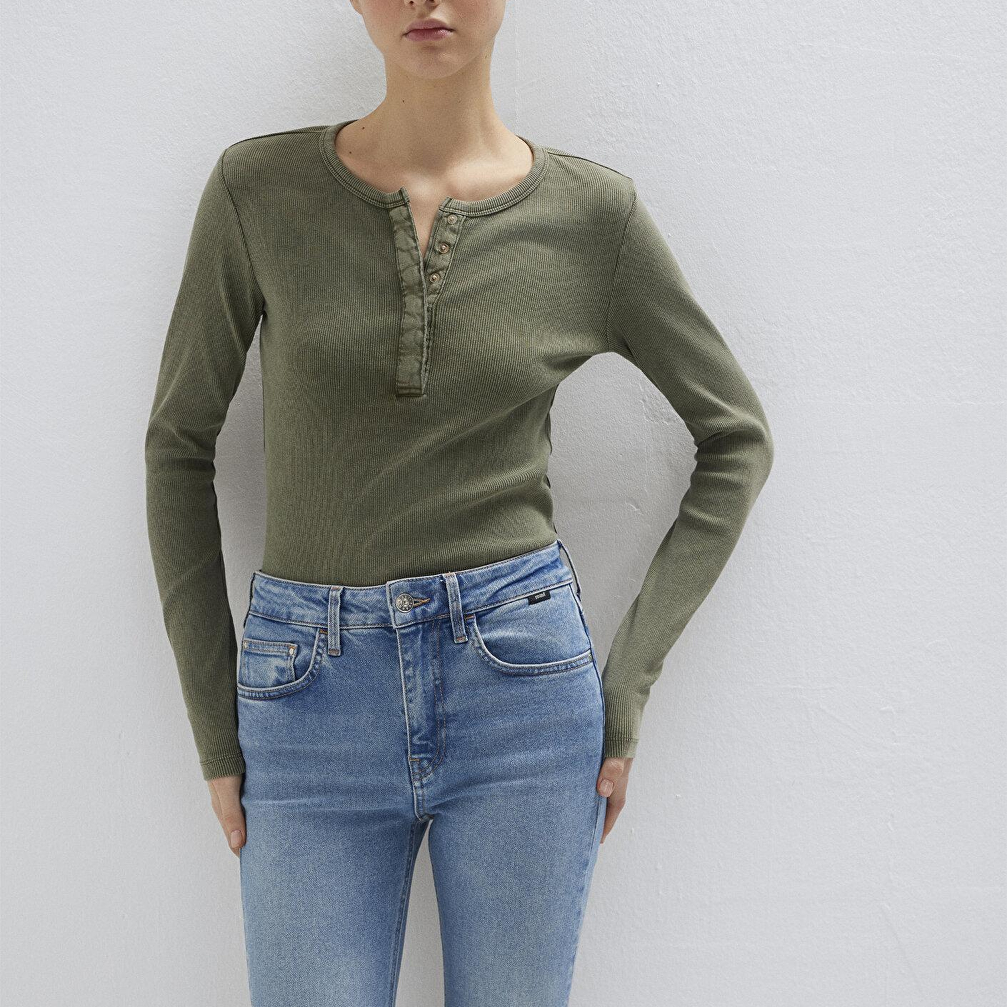 Mavi Yarı Düğmeli Uzun Kollu Haki Tişört Slim Fit / Dar Kesim 1613750-80769