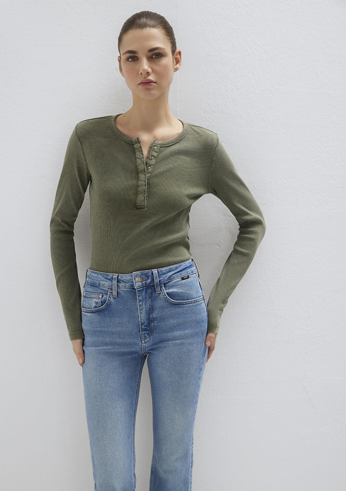 Mavi Yarı Düğmeli Uzun Kollu Haki Tişört Slim Fit / Dar Kesim 1613750-80769