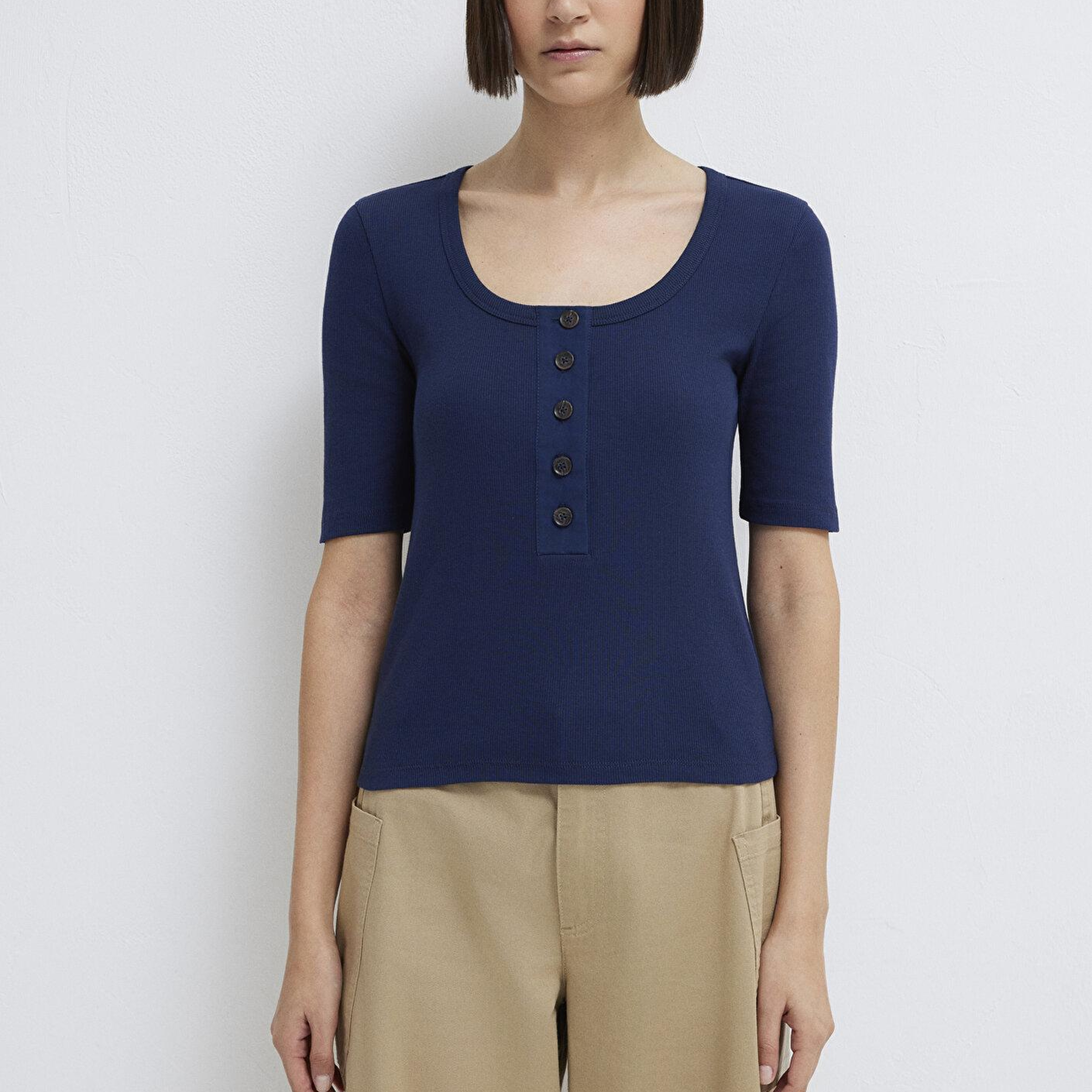 Mavi Yarı Düğmeli Lacivert Tişört Fitted / Vücuda Oturan Kesim 1613751-70497