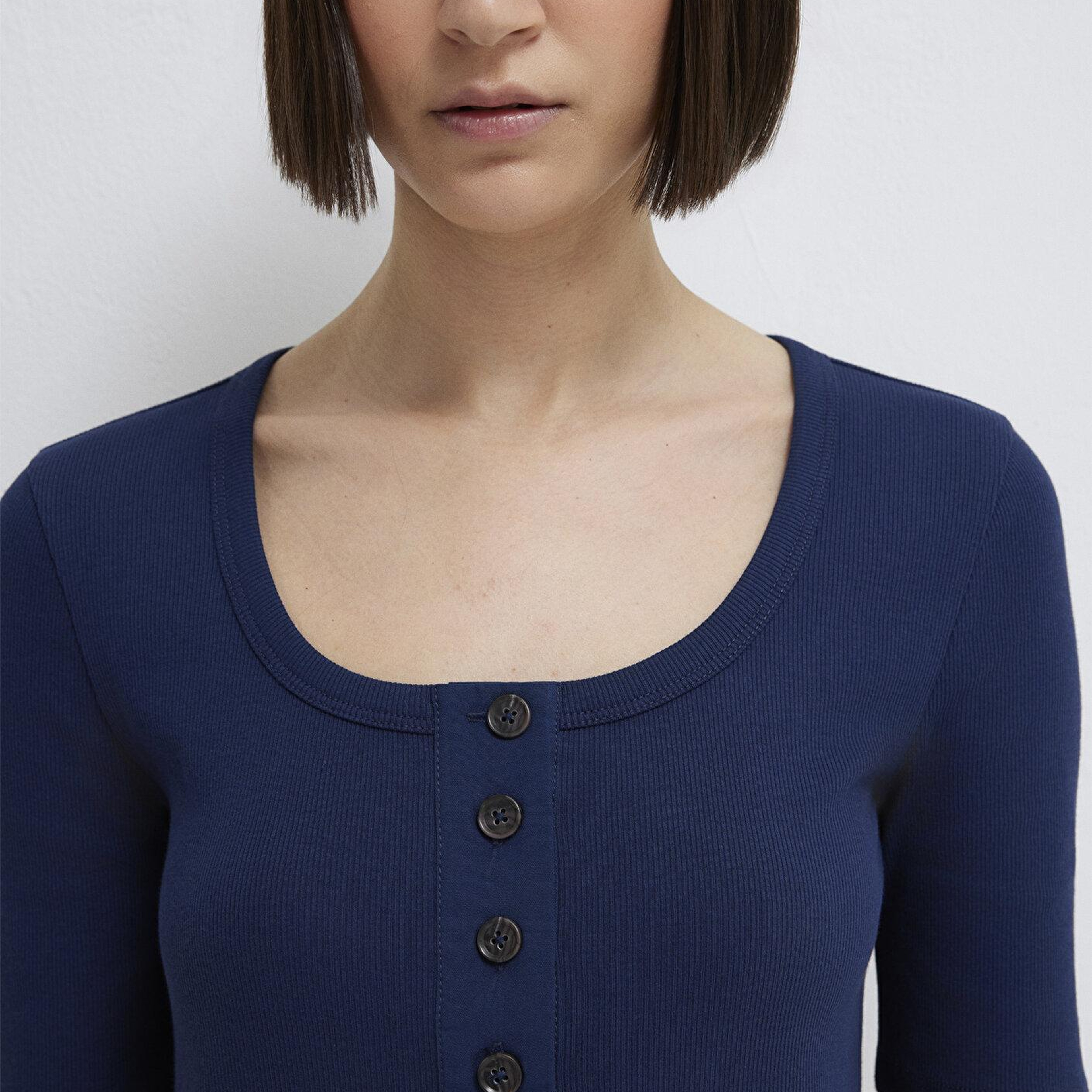 Mavi Yarı Düğmeli Lacivert Tişört Fitted / Vücuda Oturan Kesim 1613751-70497