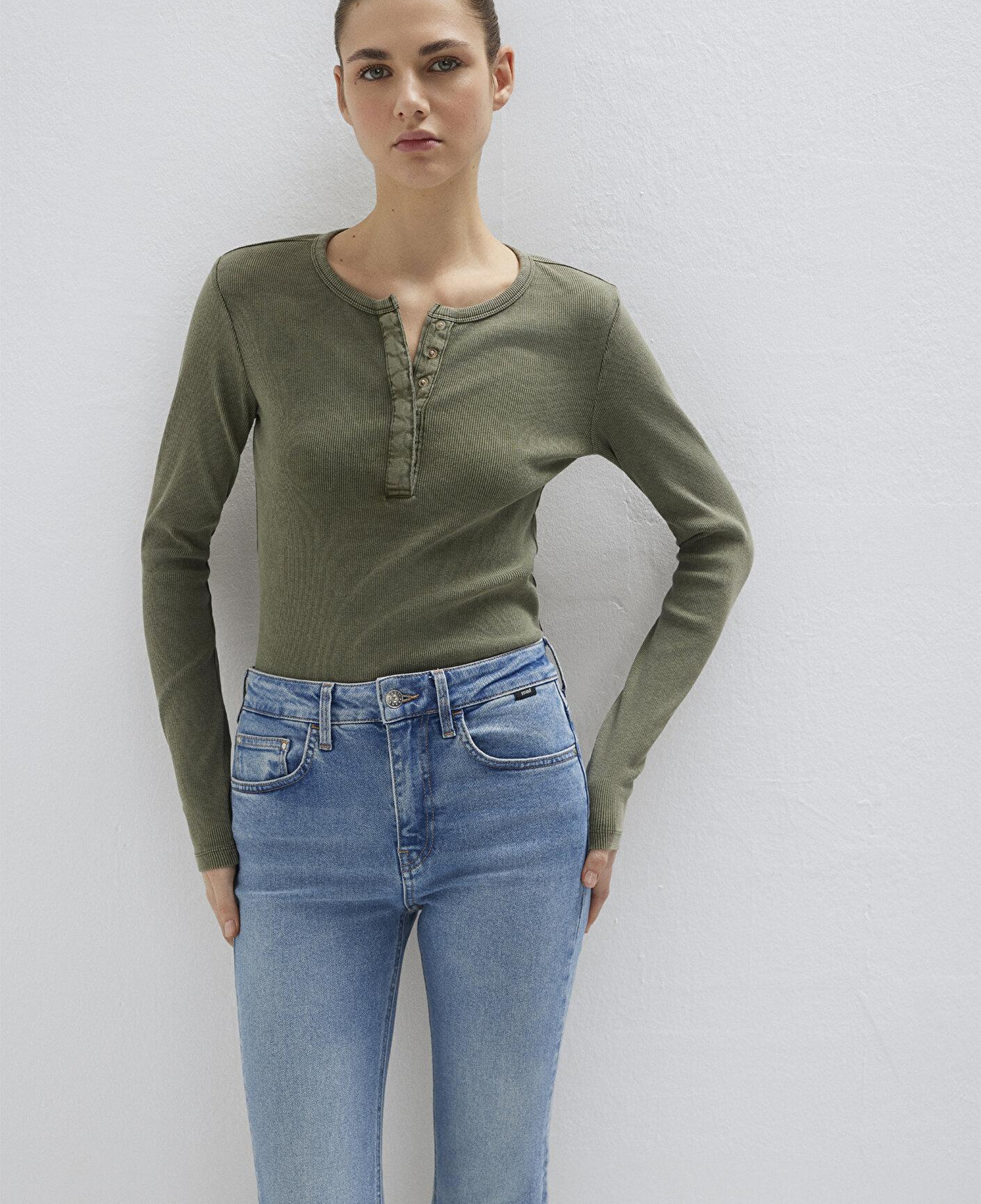 Mavi Yarı Düğmeli Uzun Kollu Haki Tişört Slim Fit / Dar Kesim 1613750-80769