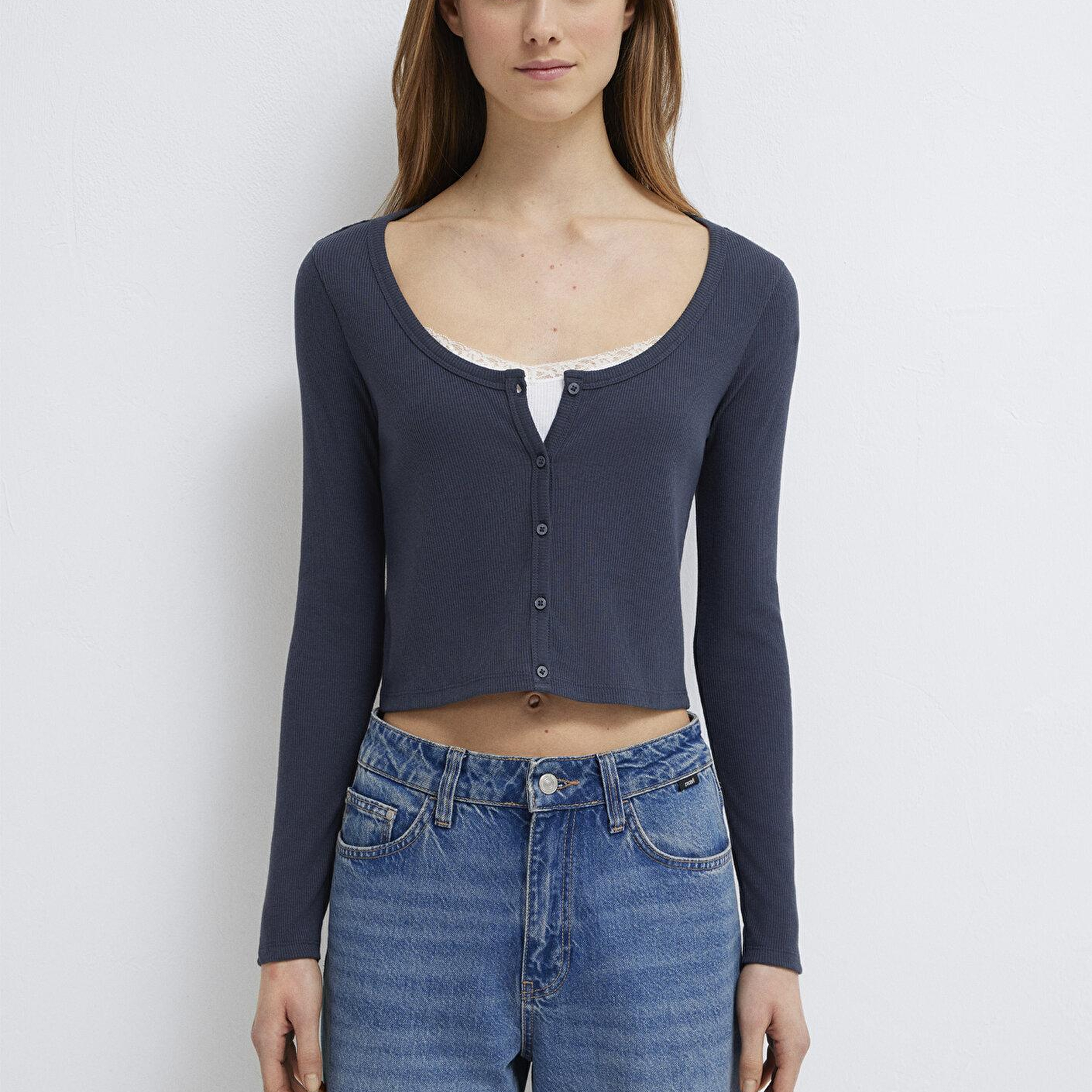 Mavi Uzun Kollu Lacivert Crop Tişört Fitted / Vücuda Oturan Kesim 1613753-70726