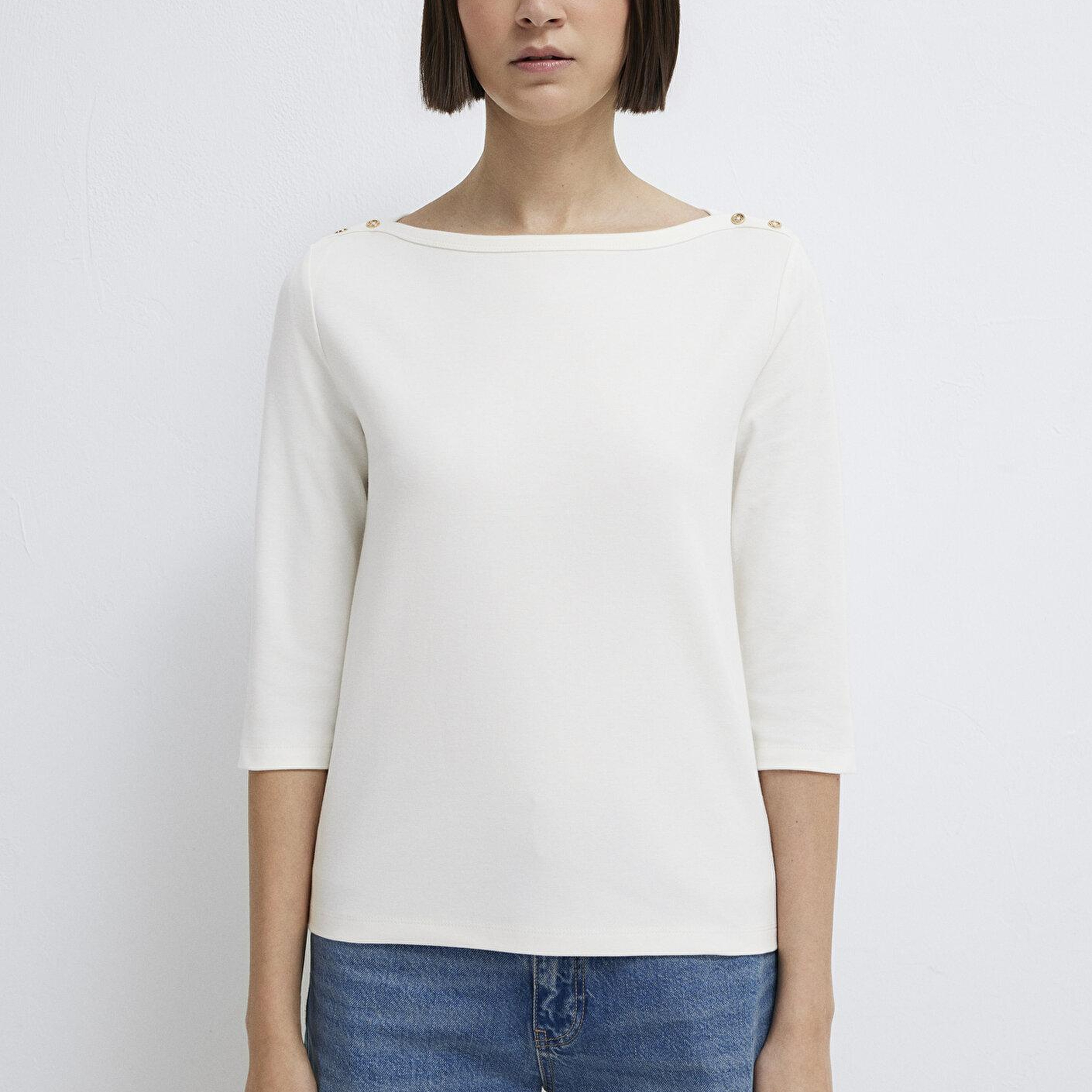 Mavi Düğme Detaylı Ekru Tişört Slim Fit / Dar Kesim 1613760-70057