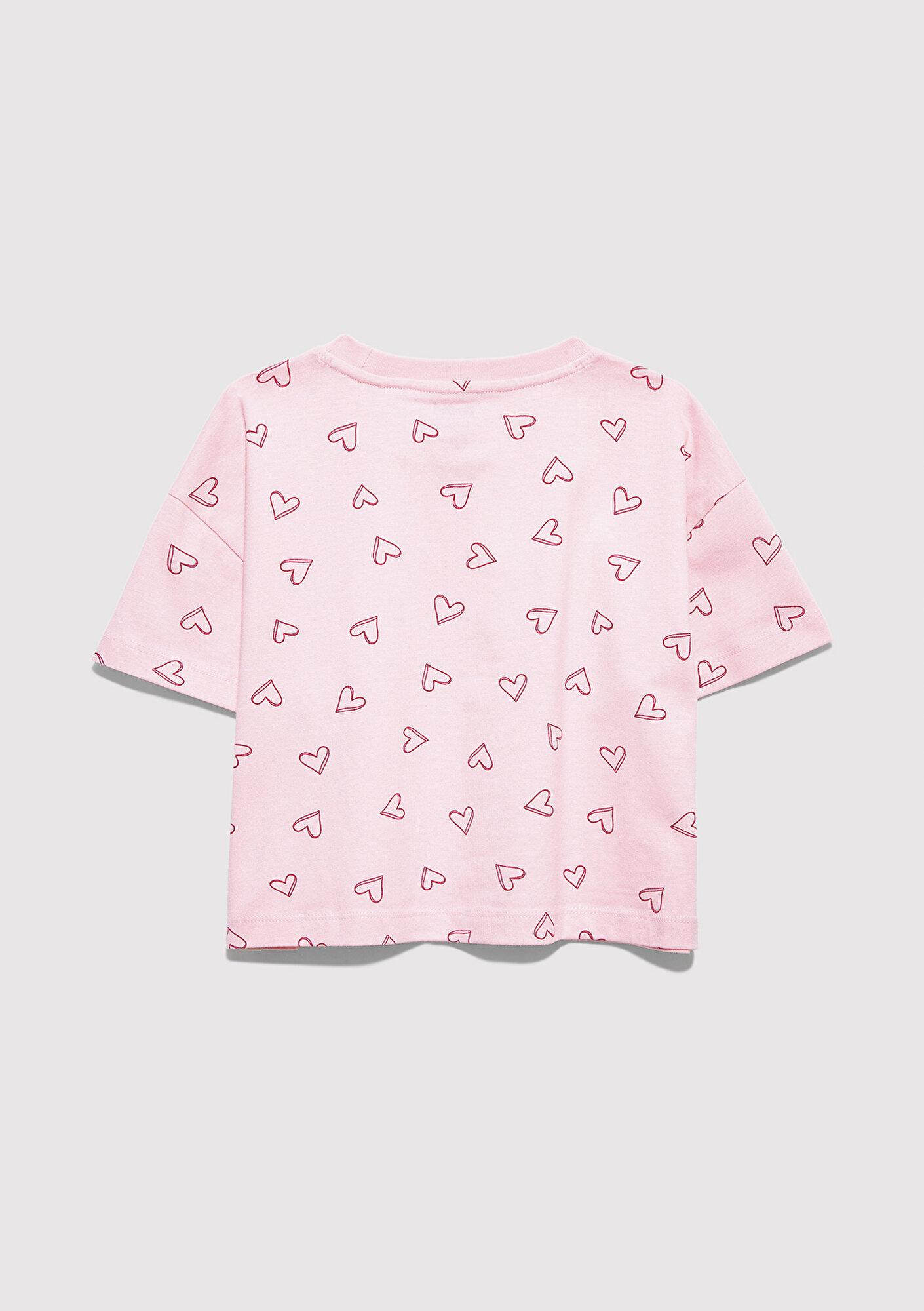 Mavi Kalp Baskılı Pembe Tişört Loose Fit / Bol Rahat Kesim 7610400-71007