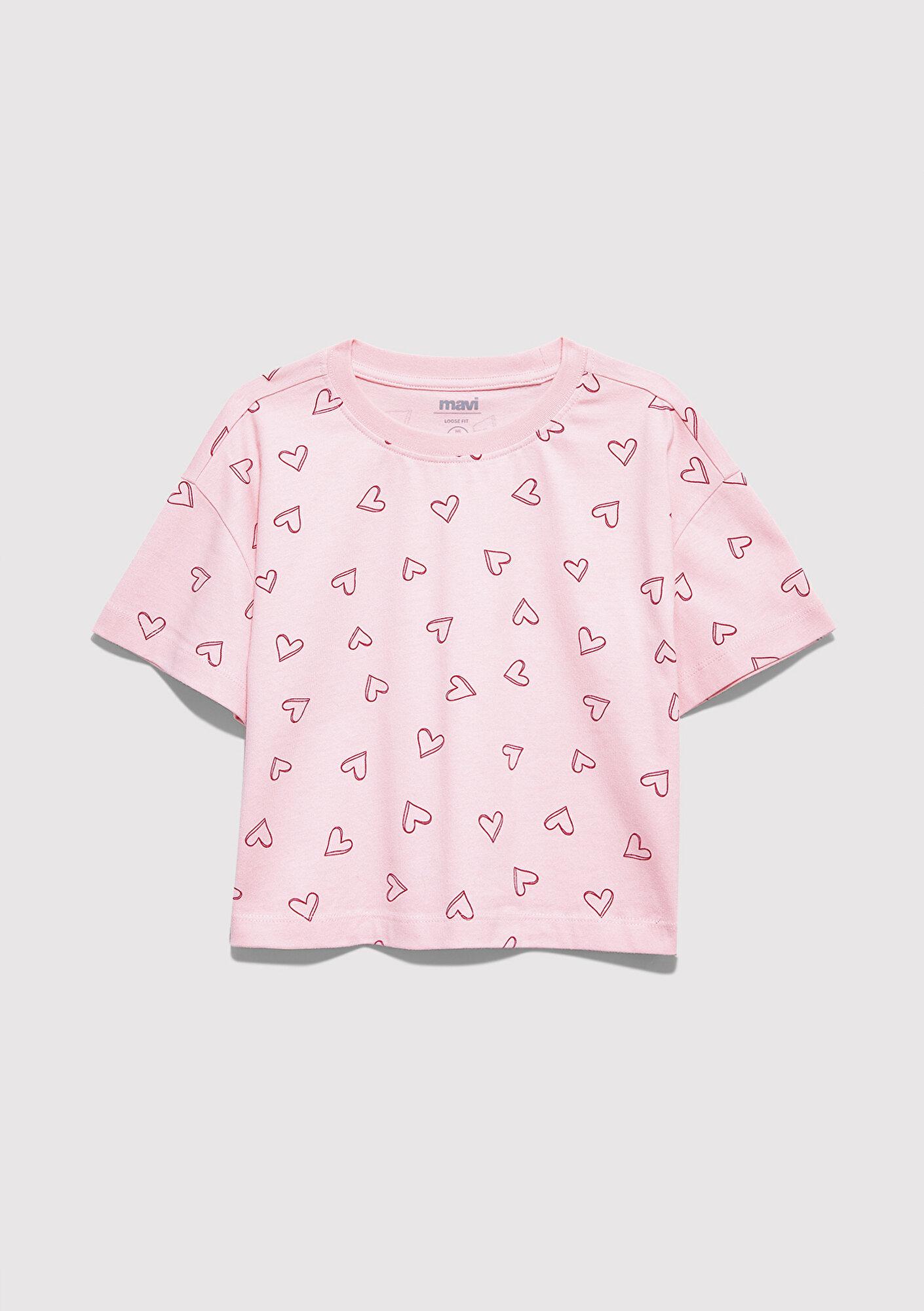 Mavi Kalp Baskılı Pembe Tişört Loose Fit / Bol Rahat Kesim 7610400-71007