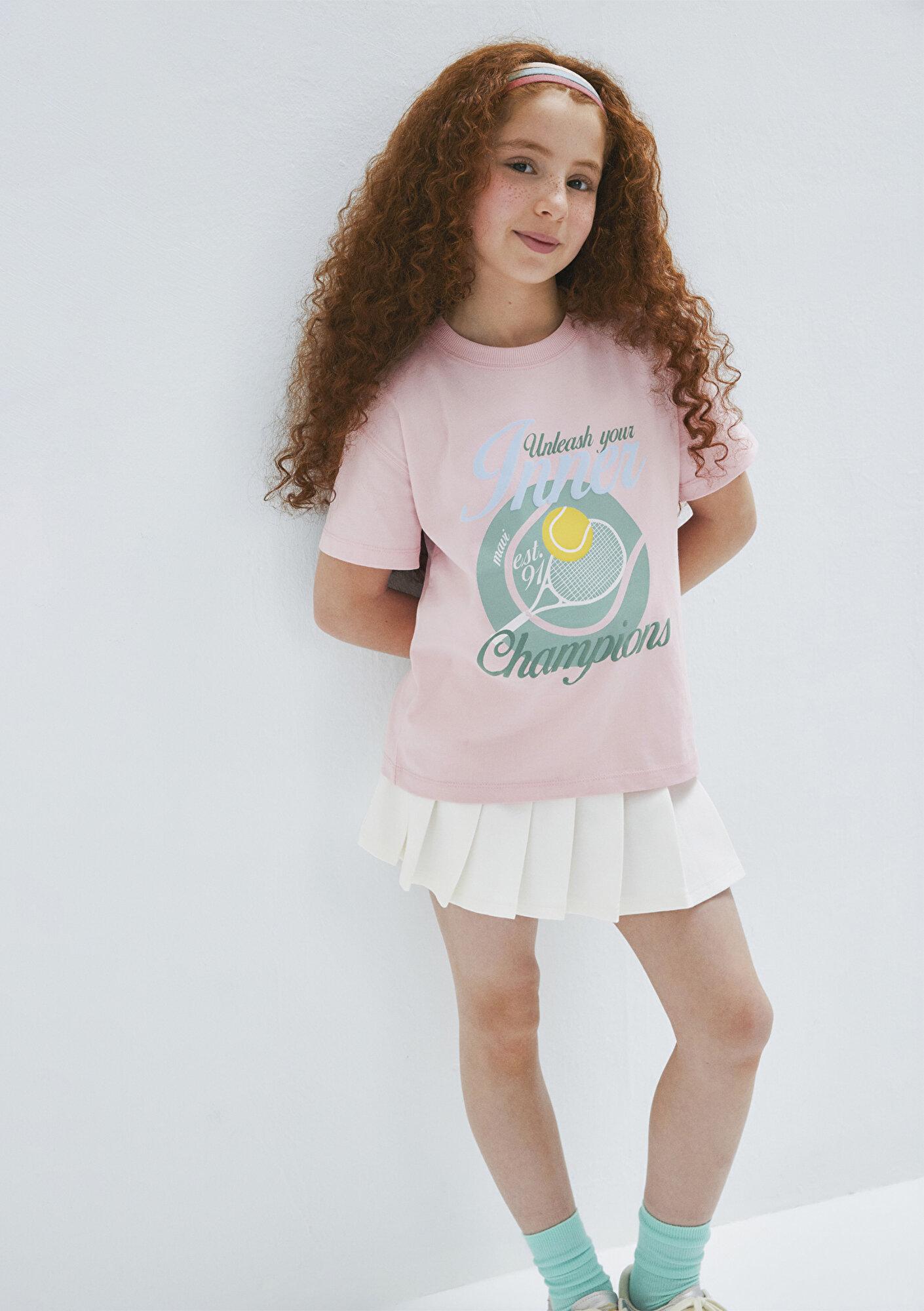 Mavi Tenis Baskılı Pembe Tişört Loose Fit / Bol Rahat Kesim 7610396-71007