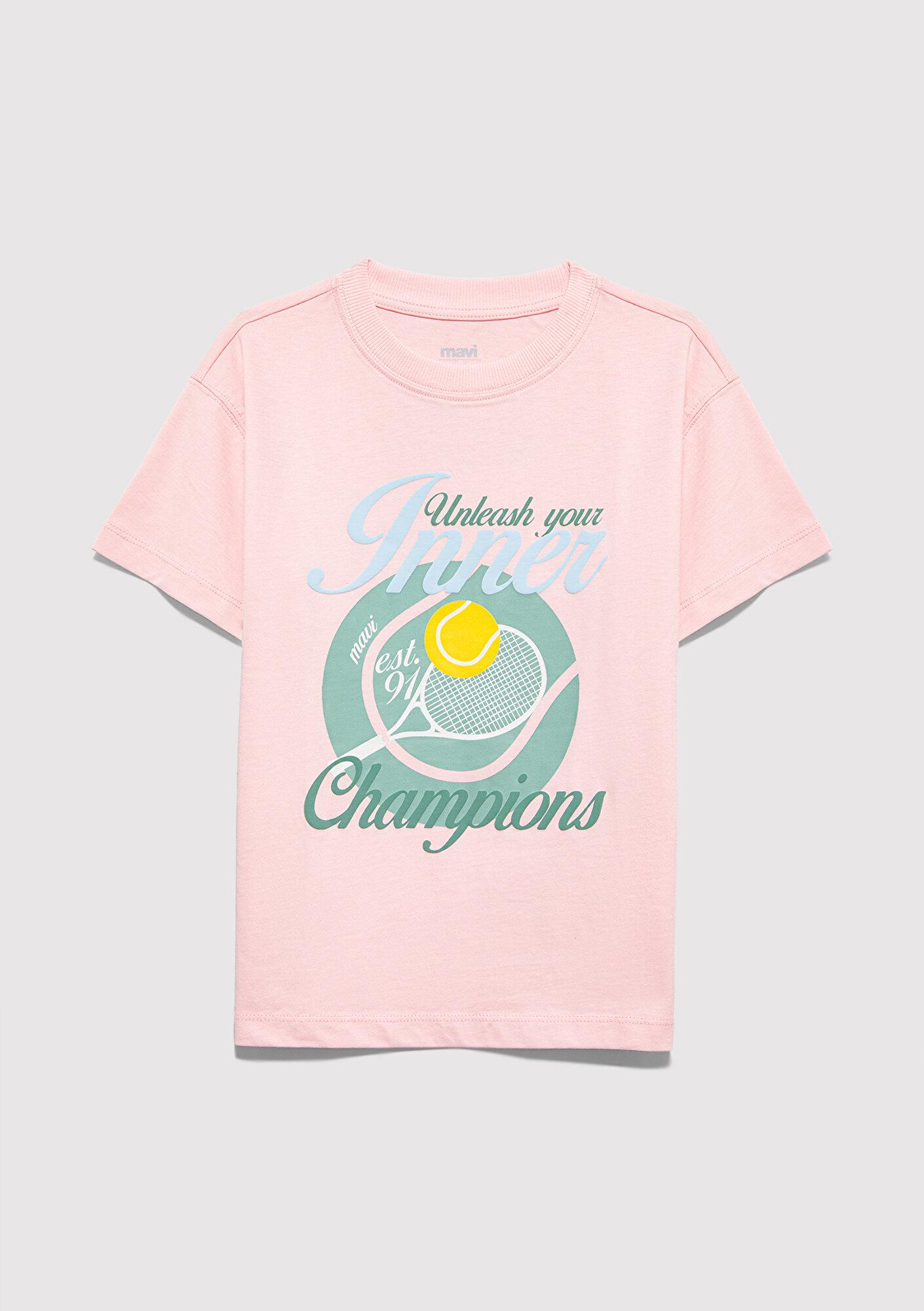 Mavi Tenis Baskılı Pembe Tişört Loose Fit / Bol Rahat Kesim 7610396-71007