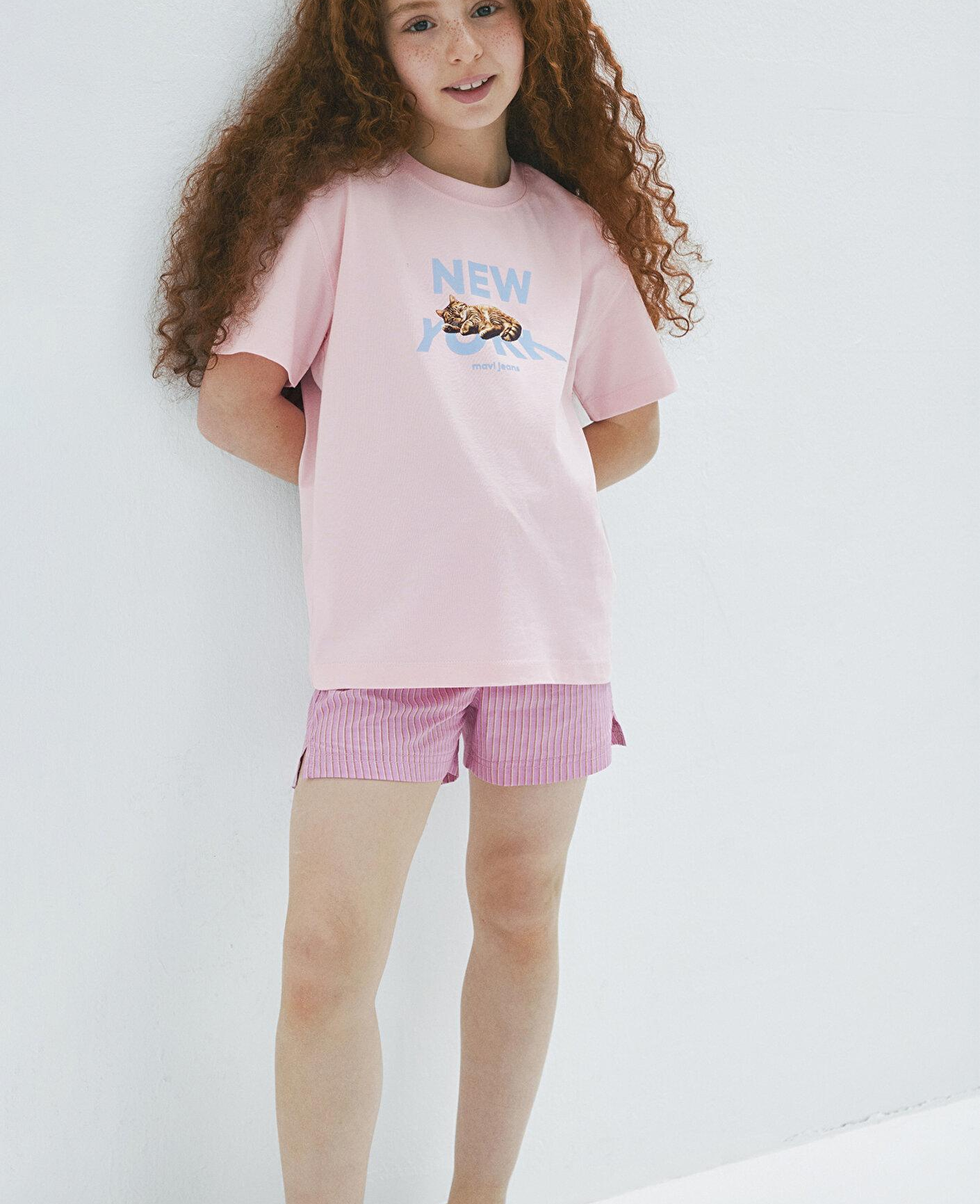 Mavi Kedi Baskılı Pembe Tişört Loose Fit / Bol Rahat Kesim 7610402-71007