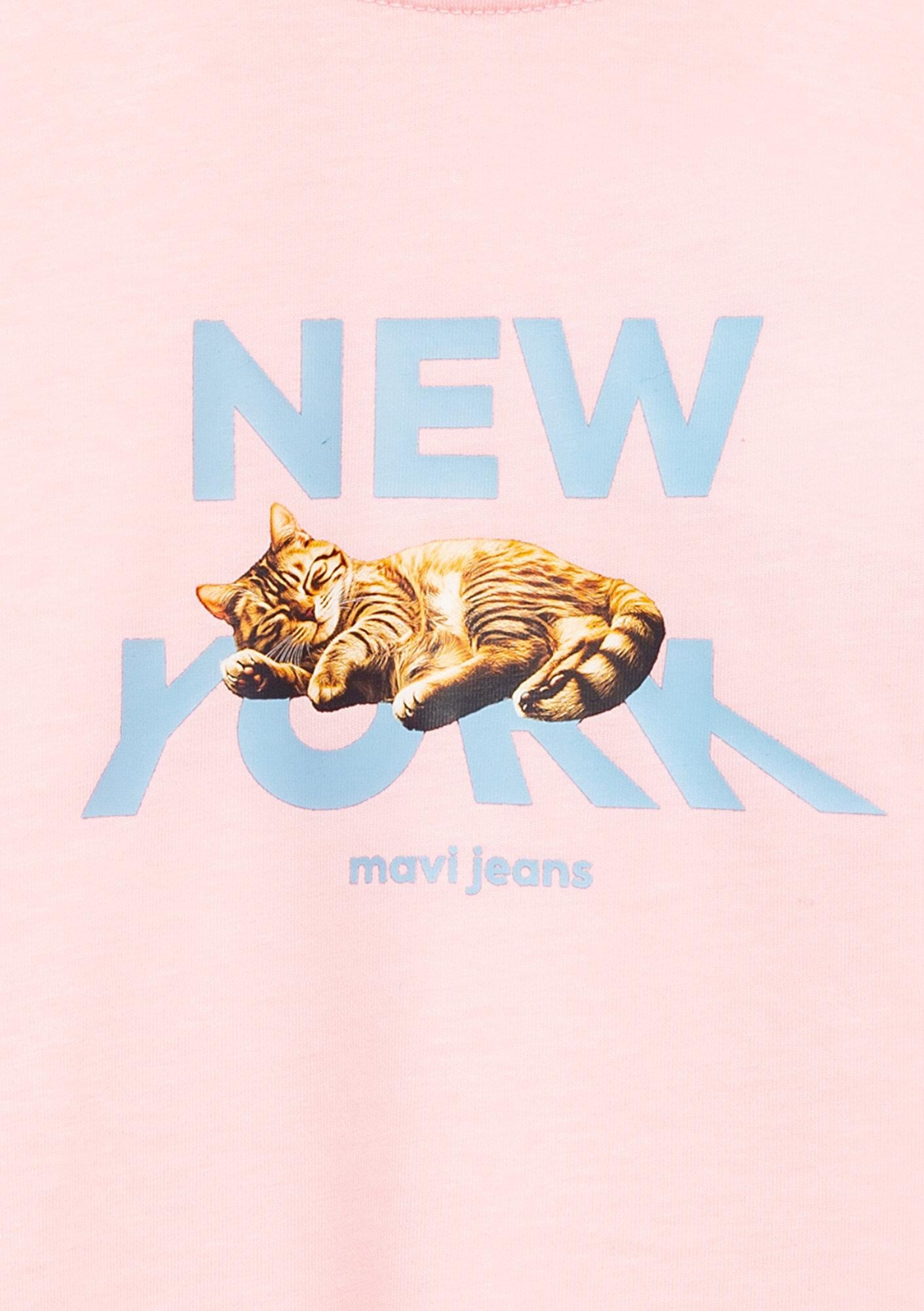 Mavi Kedi Baskılı Pembe Tişört Loose Fit / Bol Rahat Kesim 7610402-71007