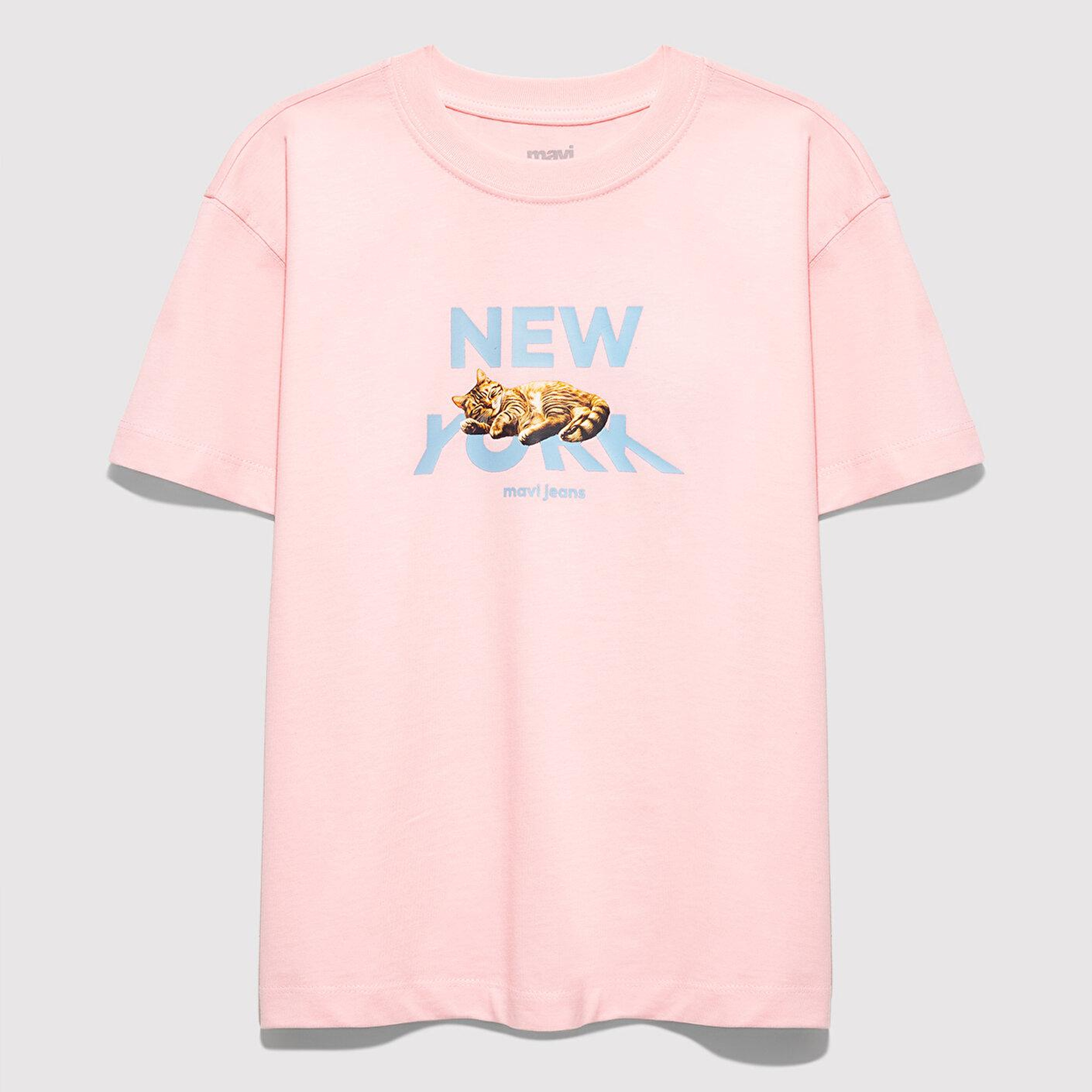 Mavi Kedi Baskılı Pembe Tişört Loose Fit / Bol Rahat Kesim 7610402-71007