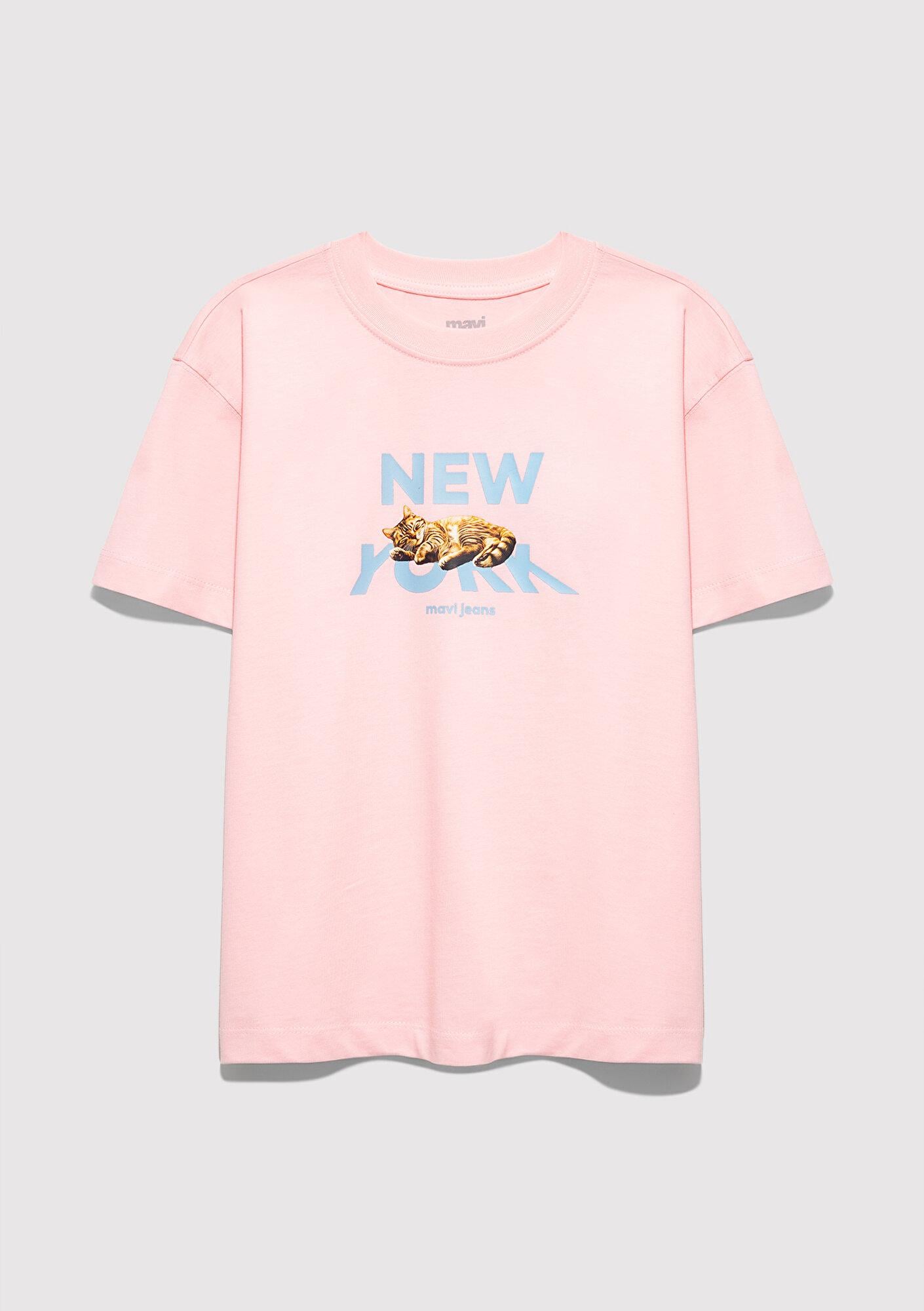 Mavi Kedi Baskılı Pembe Tişört Loose Fit / Bol Rahat Kesim 7610402-71007