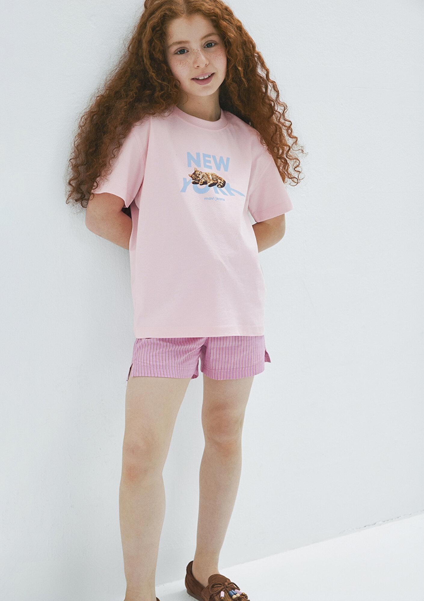 Mavi Kedi Baskılı Pembe Tişört Loose Fit / Bol Rahat Kesim 7610402-71007