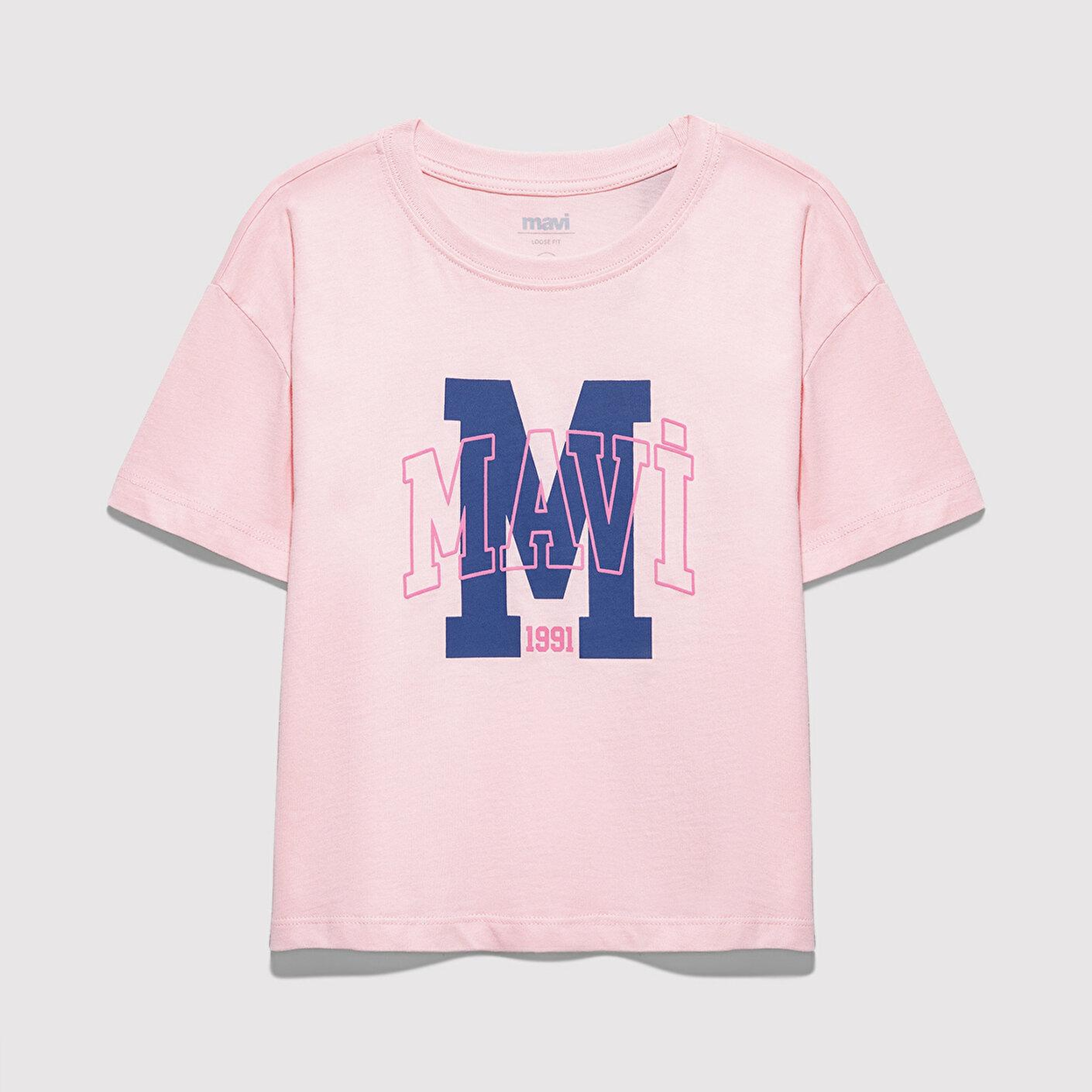 Mavi M Logo Baskılı Pembe Tişört Loose Fit / Bol Rahat Kesim 7610390-71007