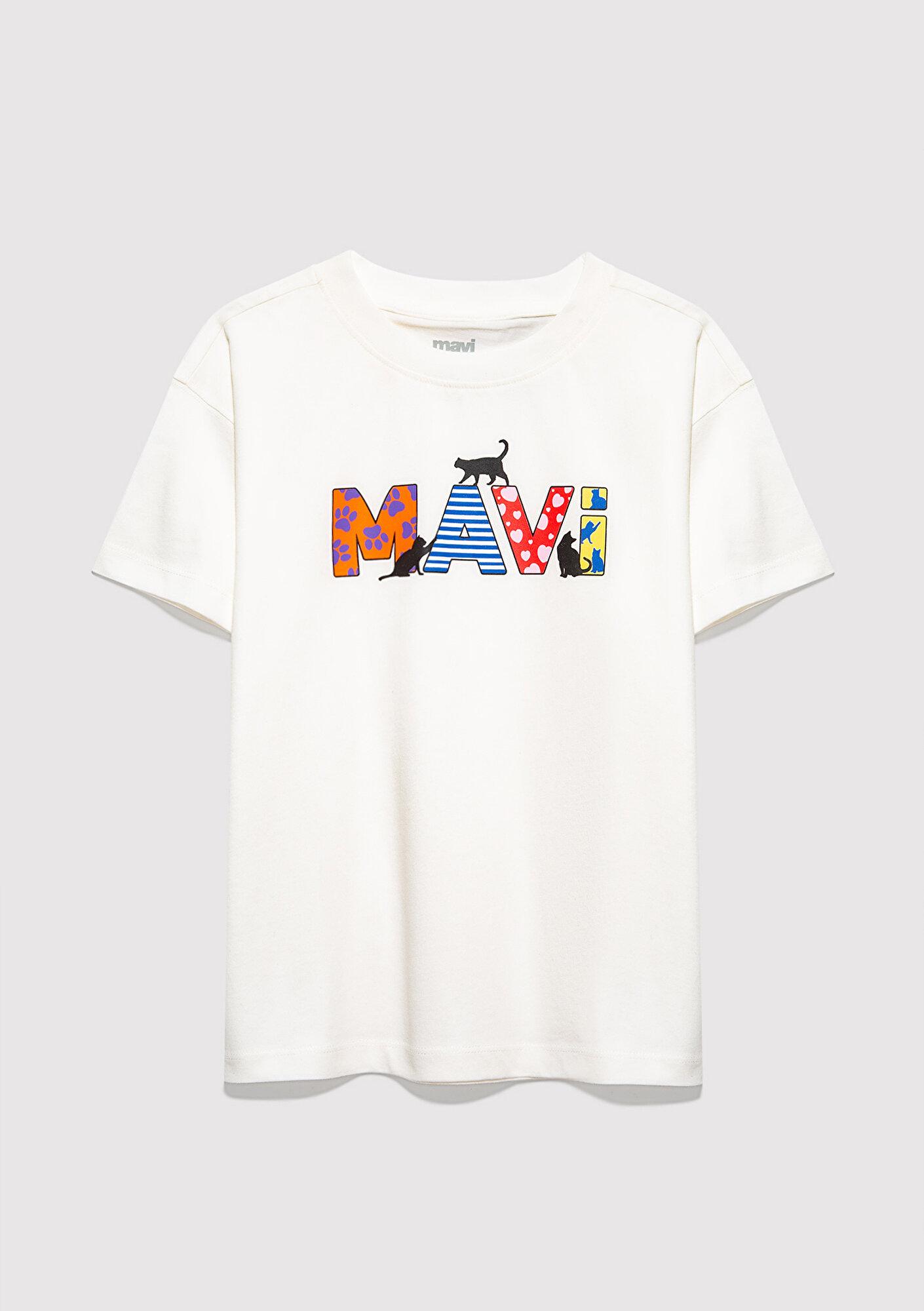 Mavi Mavi Logo Baskılı Ekru Tişört Loose Fit / Bol Rahat Kesim 7610426-70057