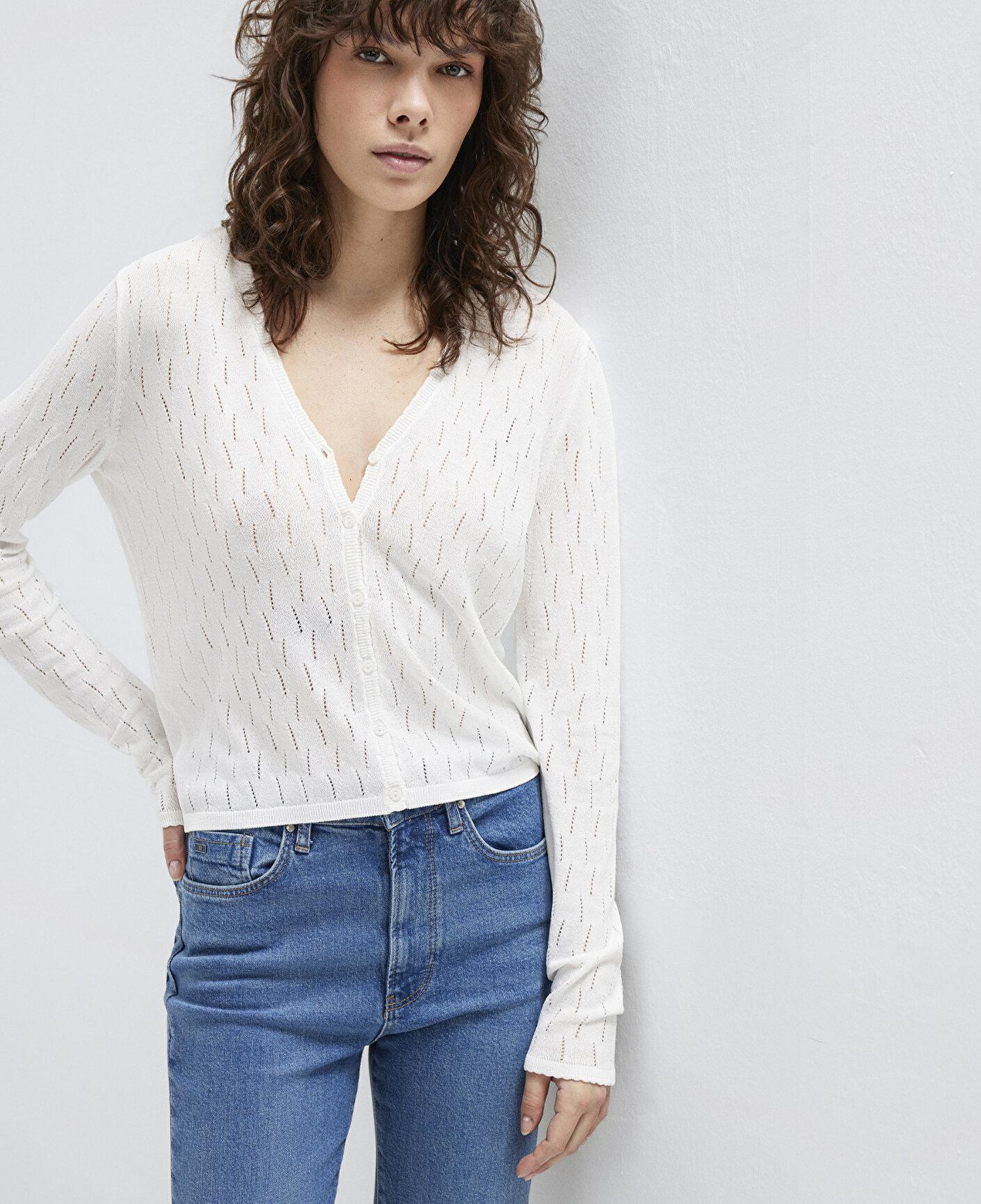 Mavi Örgü Detaylı Ekru Hırka Slim Fit / Dar Kesim 1710845-70057