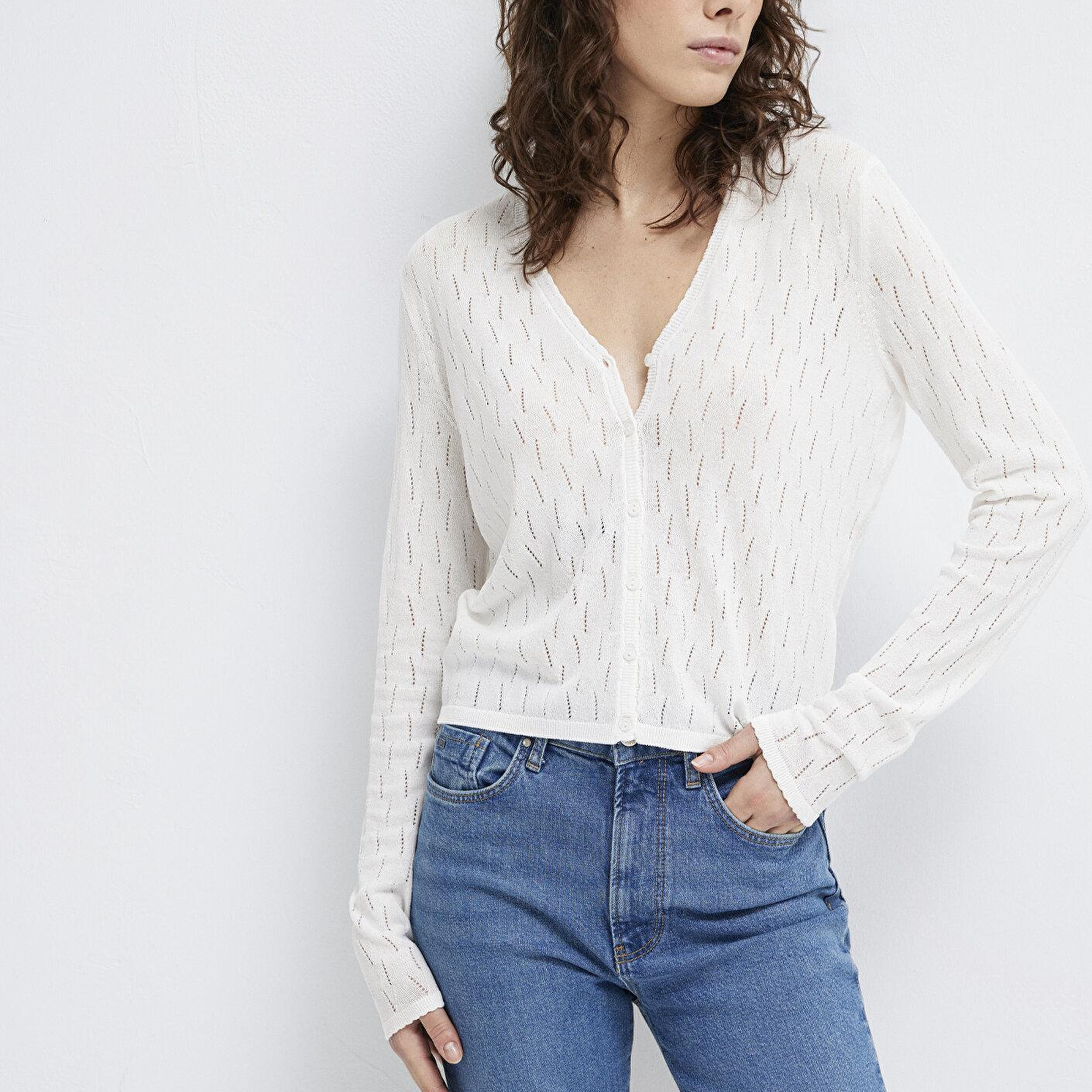 Mavi Örgü Detaylı Ekru Hırka Slim Fit / Dar Kesim 1710845-70057