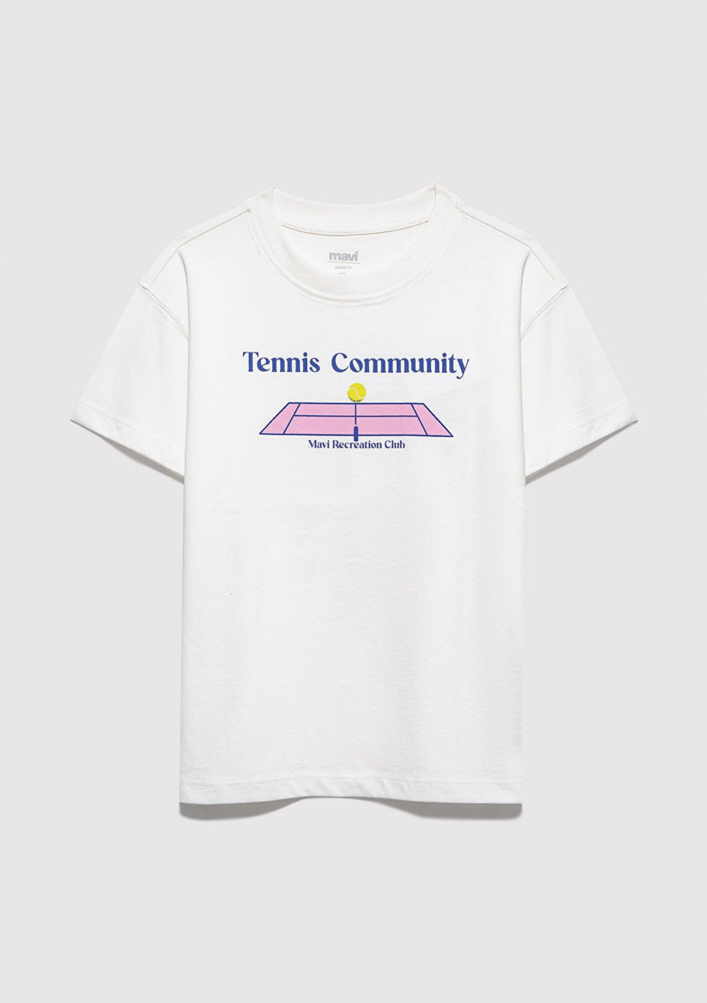 Mavi Tenis Baskılı Ekru Tişört Loose Fit / Bol Rahat Kesim 7610397-70057
