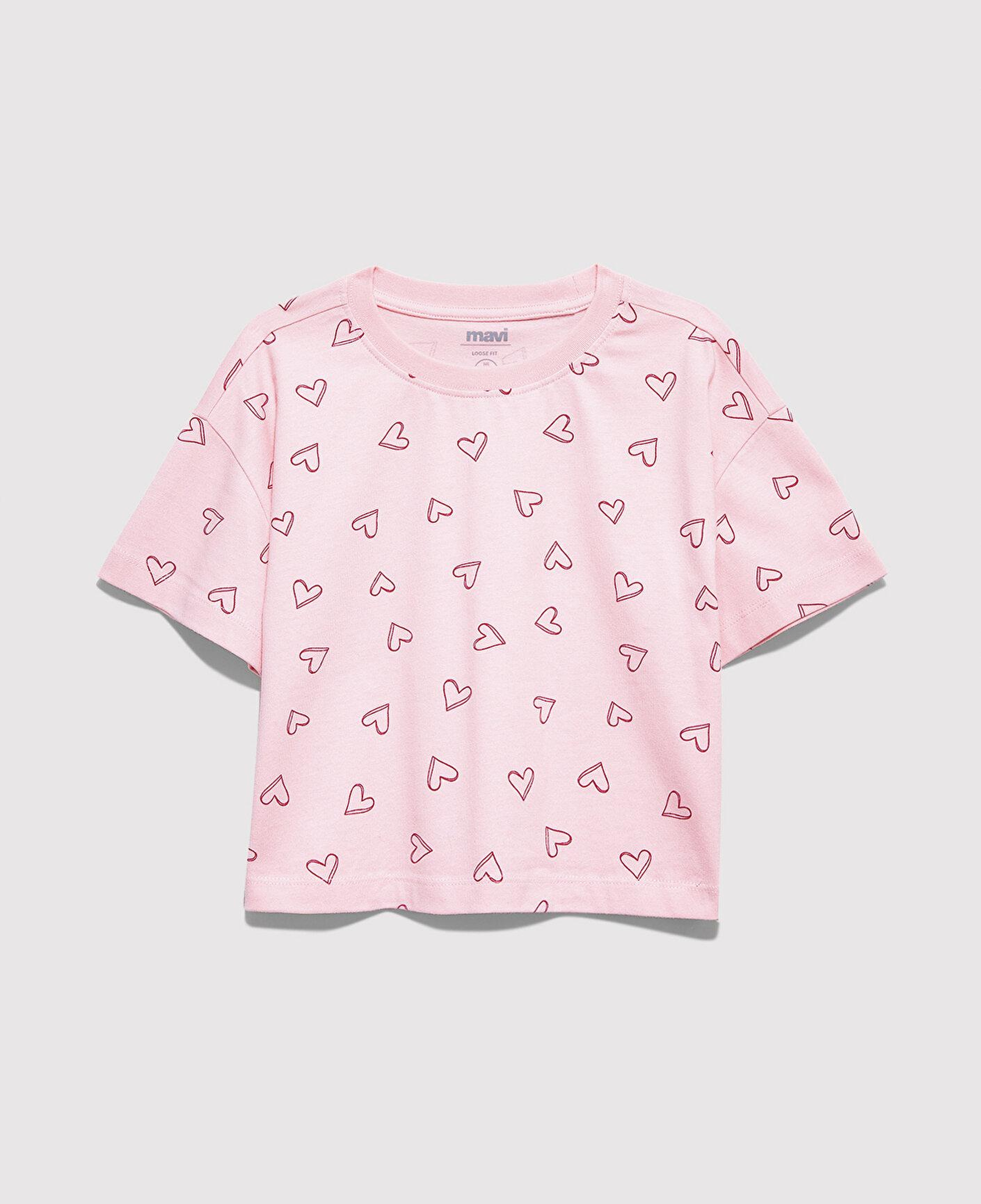 Mavi Kalp Baskılı Pembe Tişört Loose Fit / Bol Rahat Kesim 7610400-71007