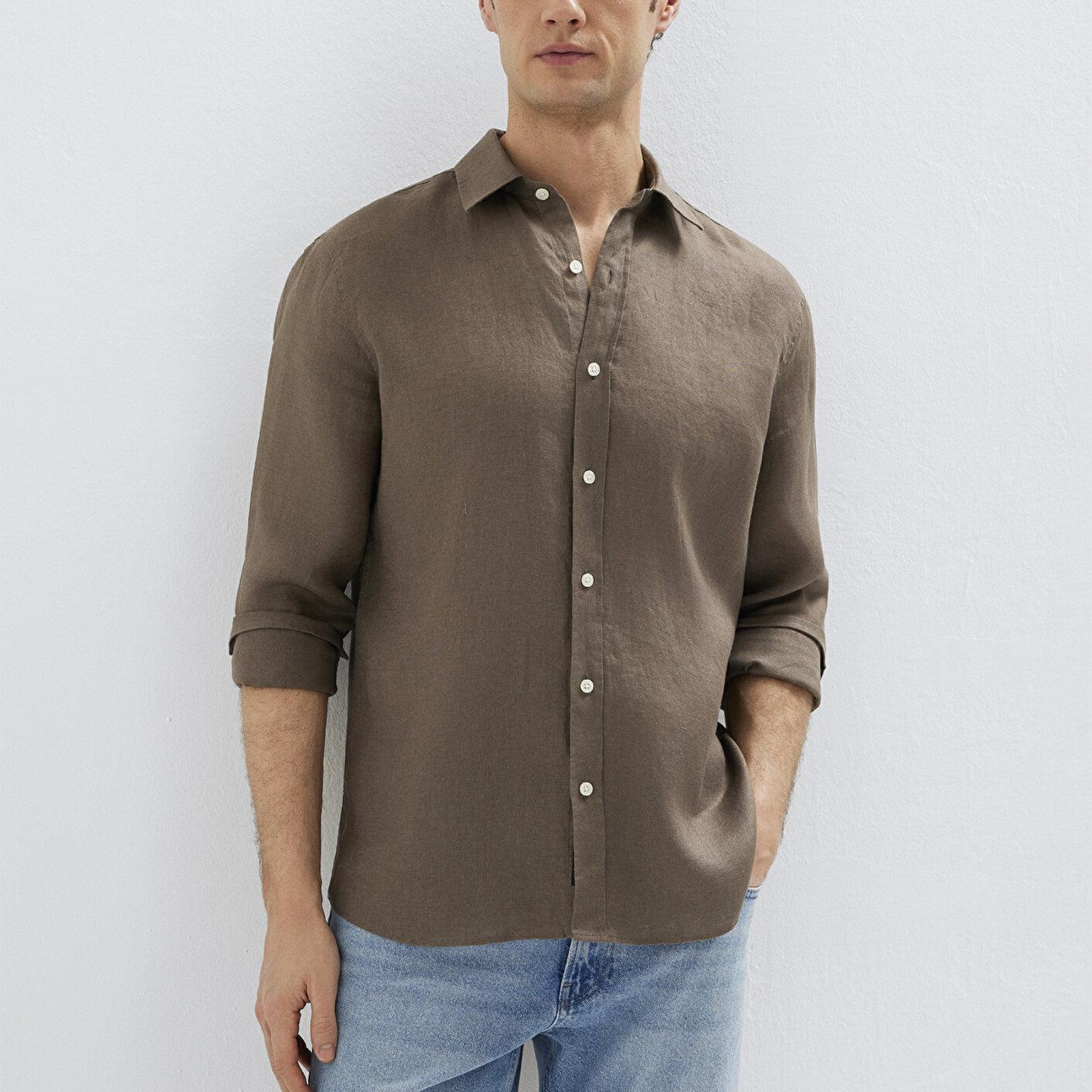Mavi Kahverengi Keten Gömlek Slim Fit / Dar Kesim 0211466-83866