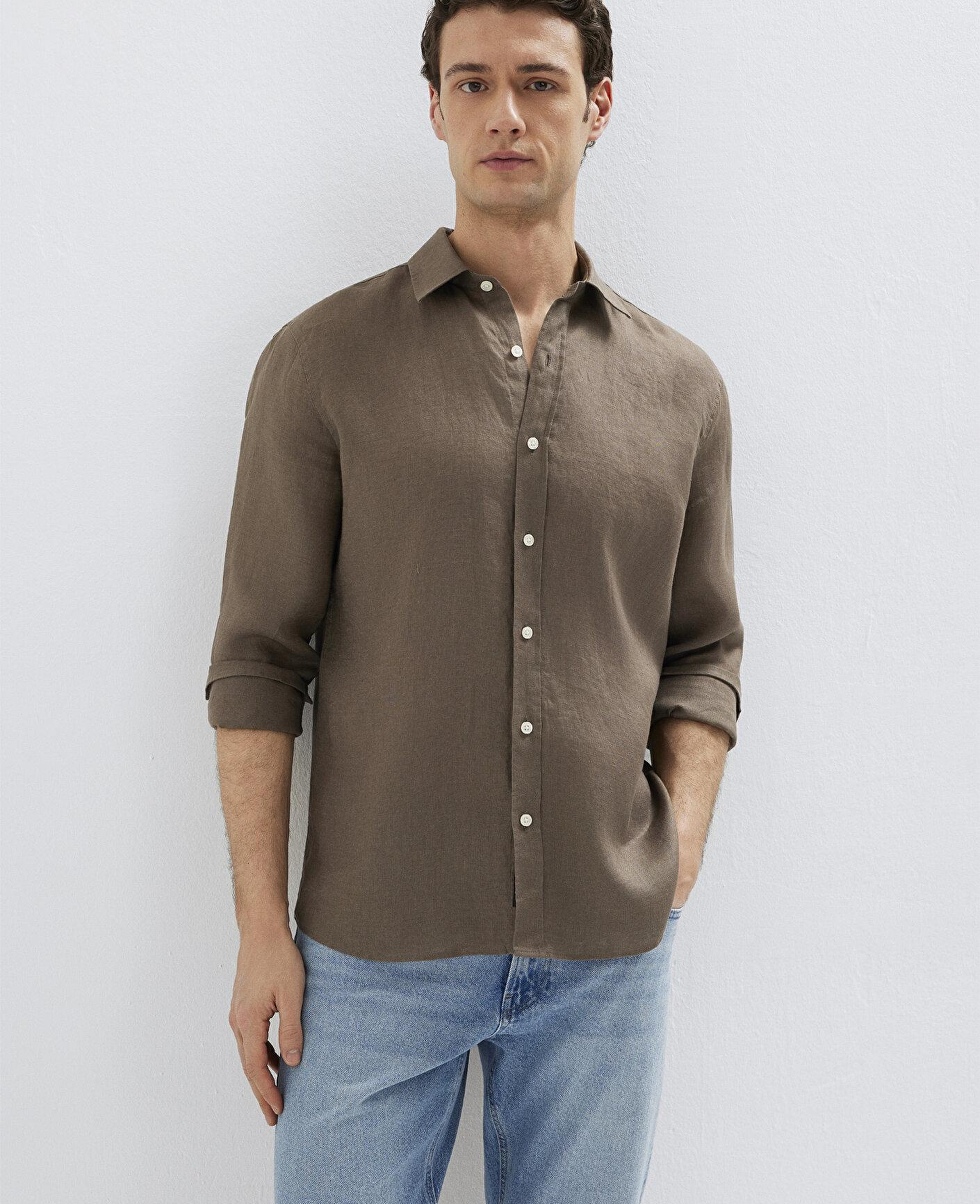Mavi Kahverengi Keten Gömlek Slim Fit / Dar Kesim 0211466-83866