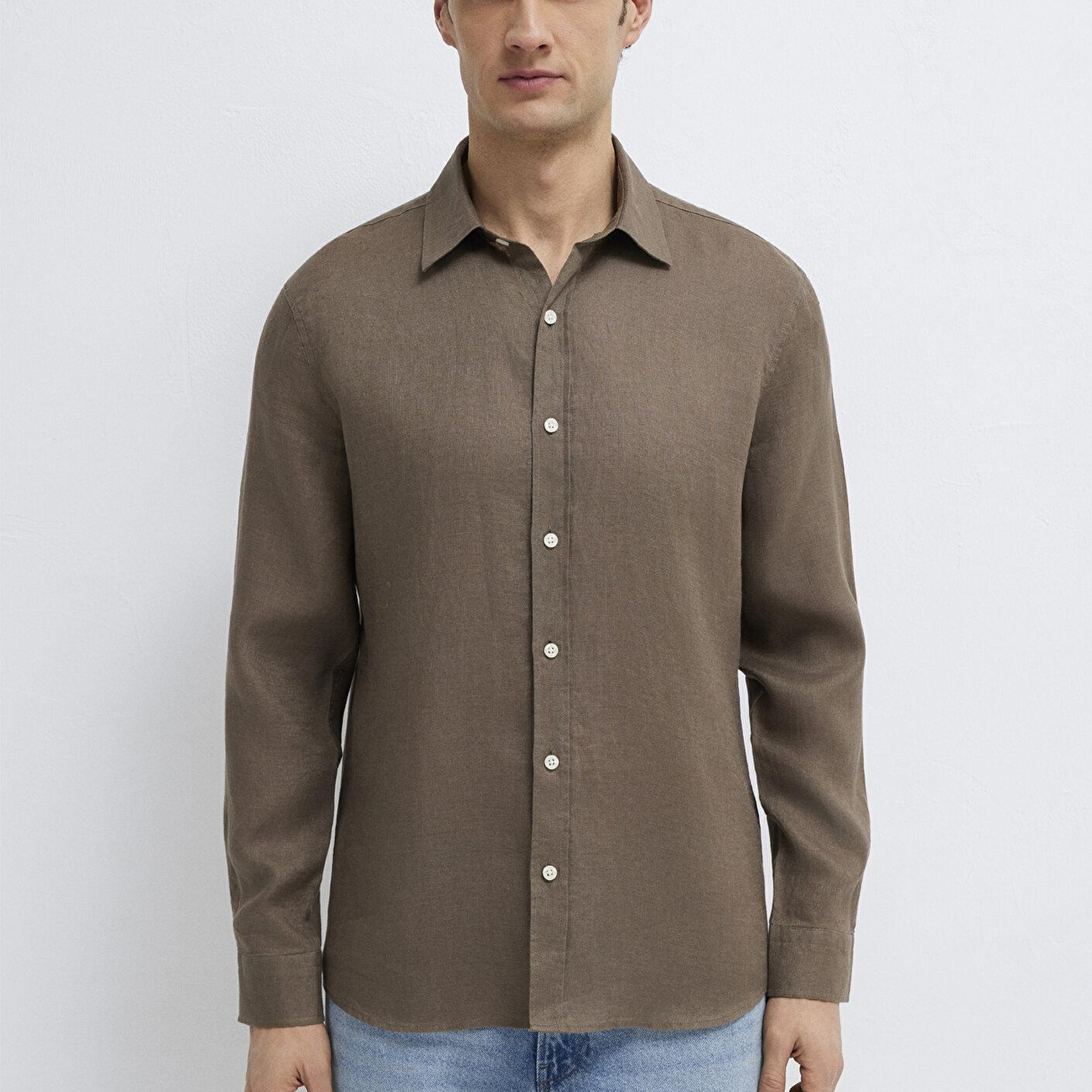 Mavi Kahverengi Keten Gömlek Slim Fit / Dar Kesim 0211466-83866