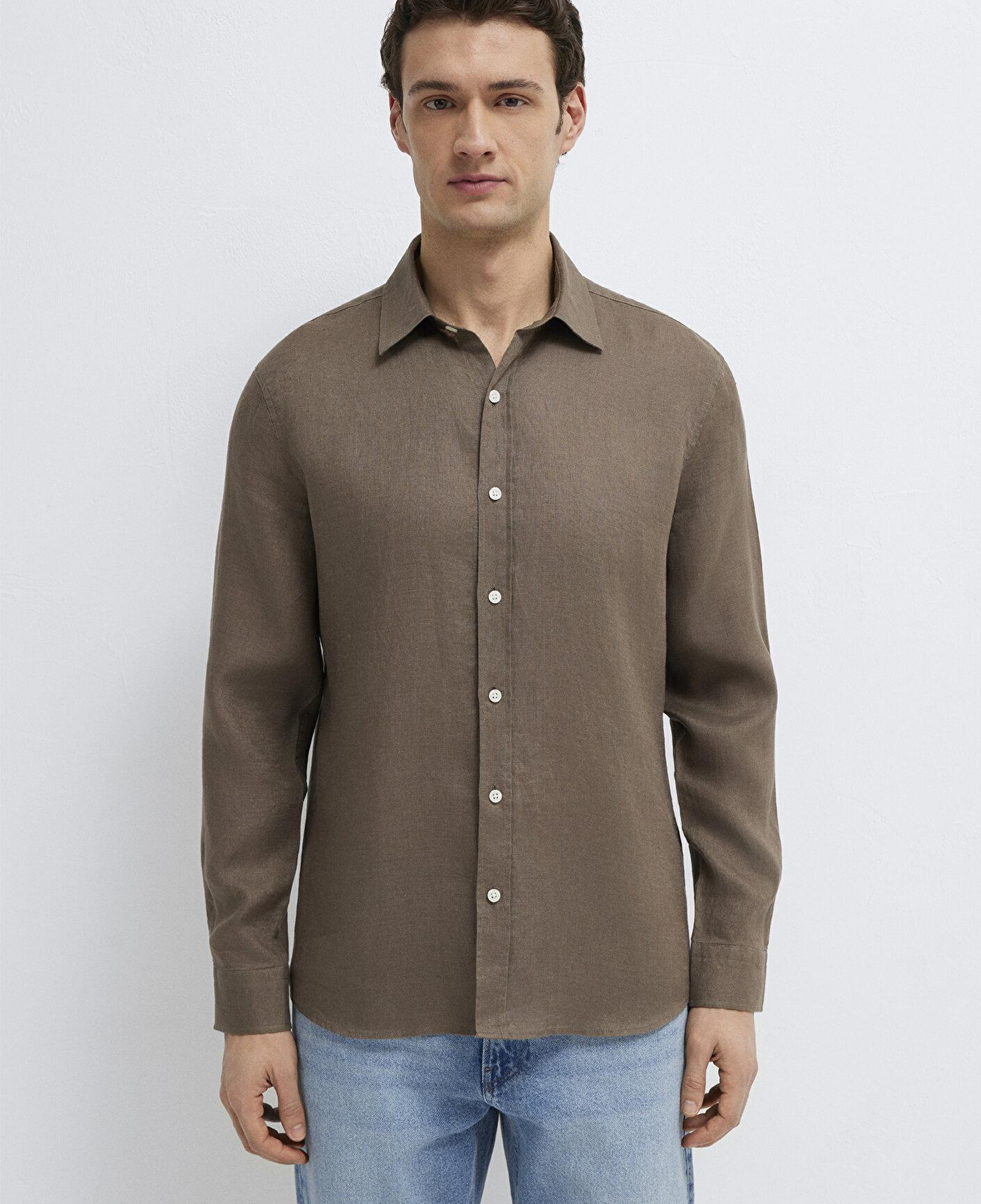 Mavi Kahverengi Keten Gömlek Slim Fit / Dar Kesim 0211466-83866