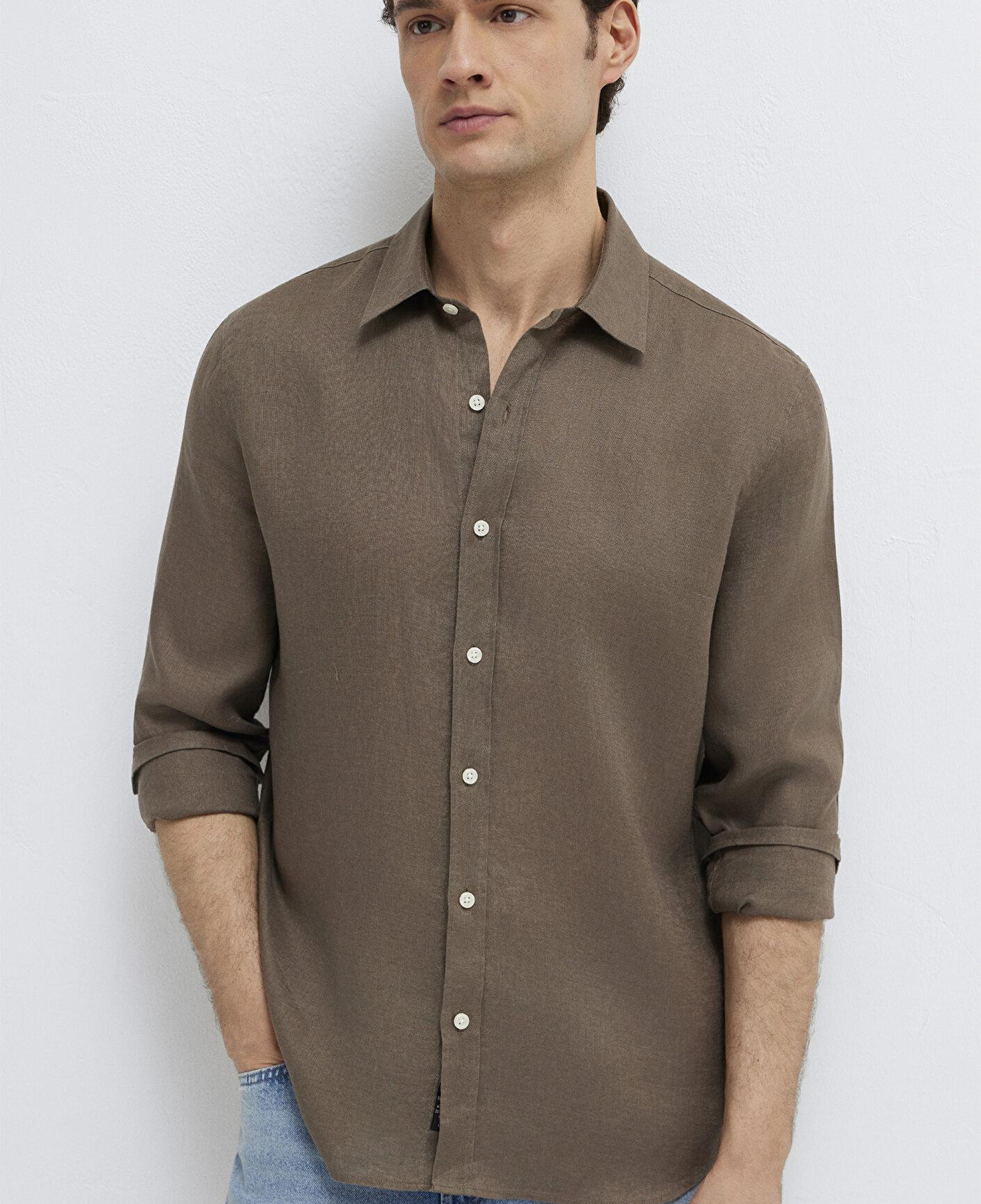 Mavi Kahverengi Keten Gömlek Slim Fit / Dar Kesim 0211466-83866