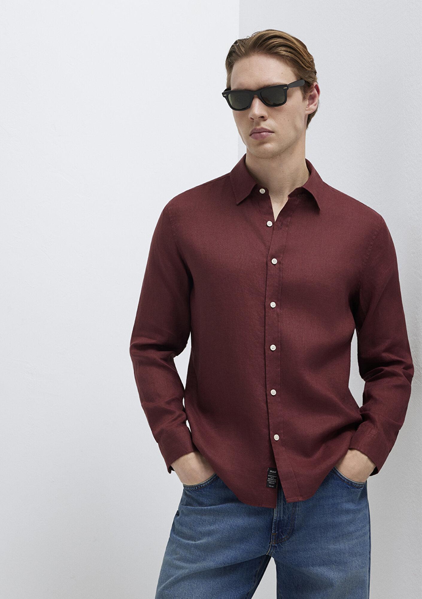 Mavi Bordo Keten Gömlek Slim Fit / Dar Kesim 0211466-70396