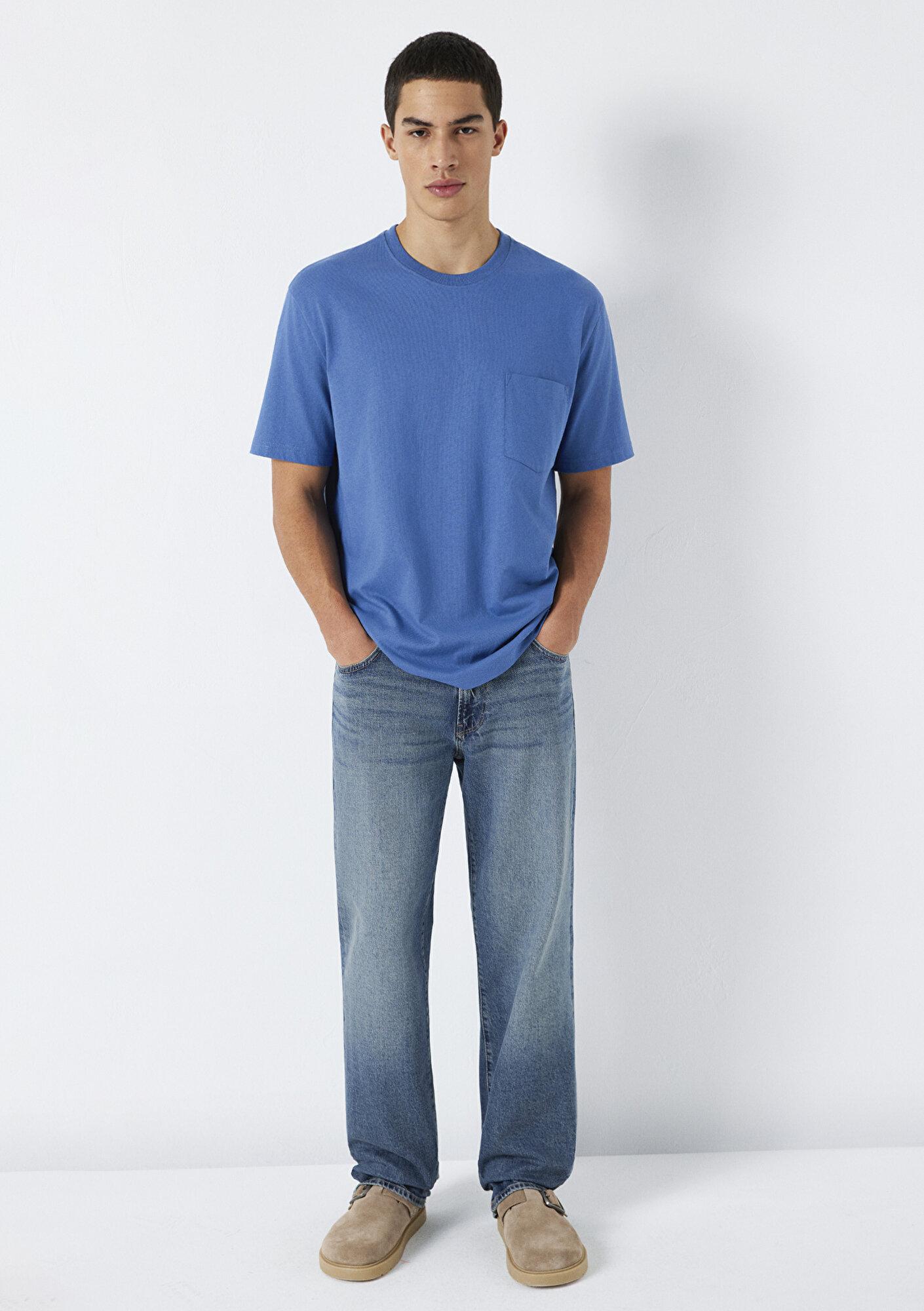 Mavi Cep Detaylı Mavi Basic Tişört Loose Fit / Bol Rahat Kesim 066248-70719