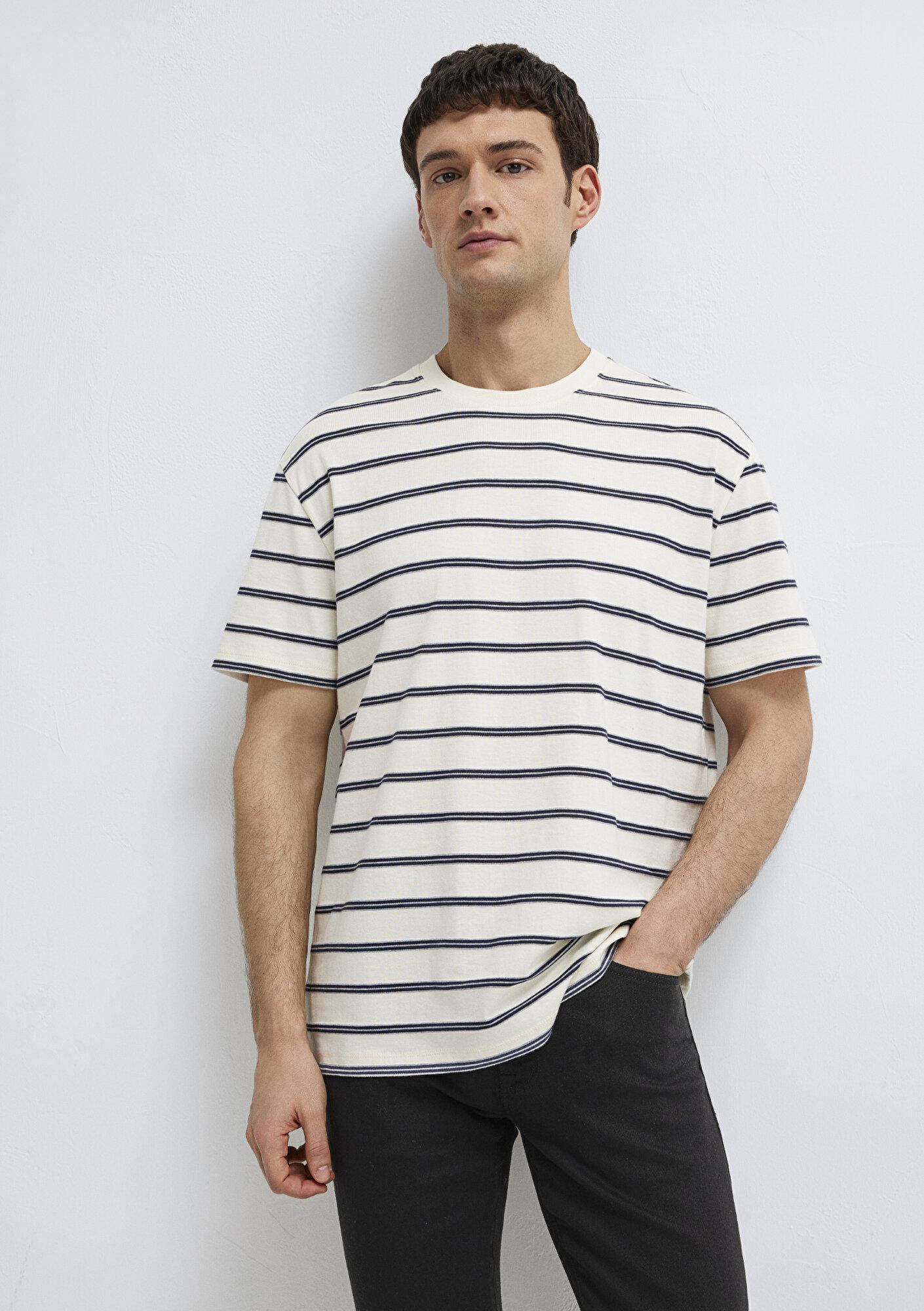 Mavi Çizgili Ekru Tişört Loose Fit / Bol Rahat Kesim 0613138-70057