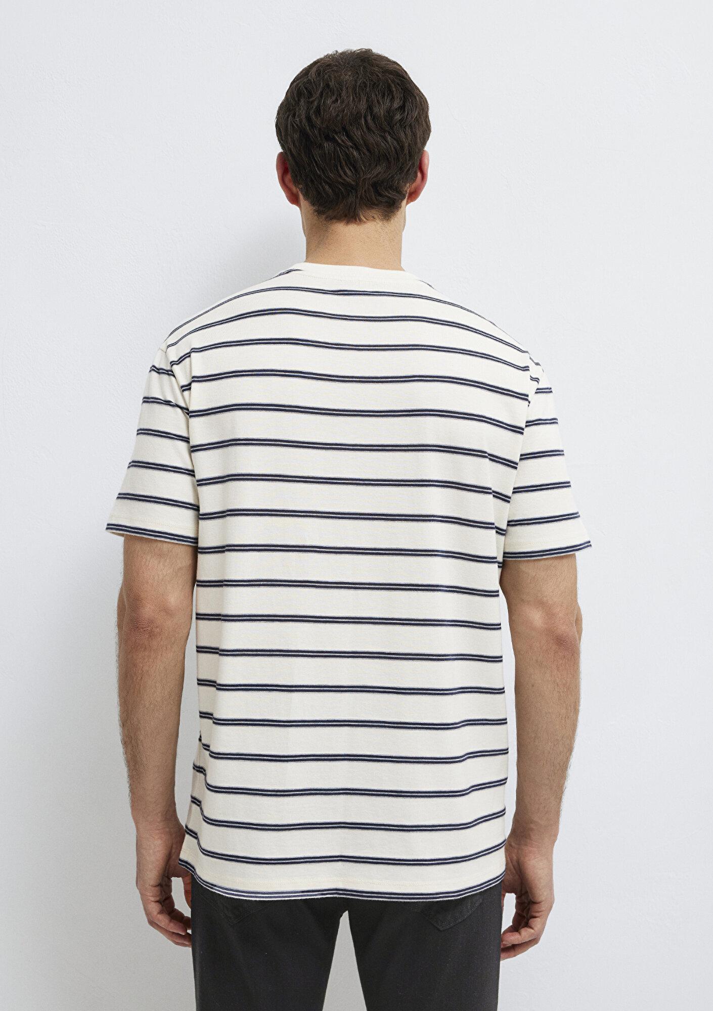 Mavi Çizgili Ekru Tişört Loose Fit / Bol Rahat Kesim 0613138-70057