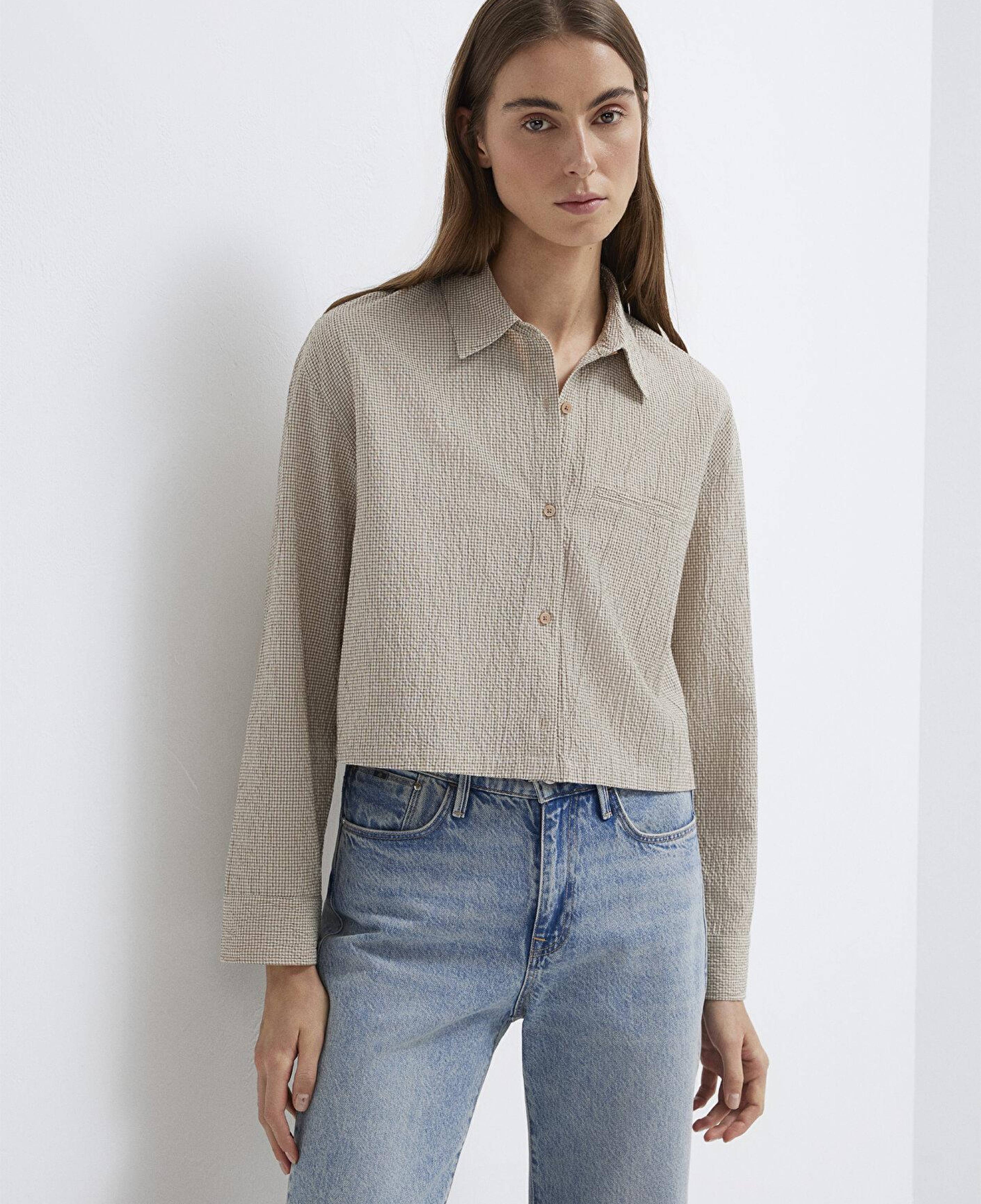 Mavi Kahverengi Ekose Crop Gömlek Loose Fit / Bol Rahat Kesim 1211388-83169