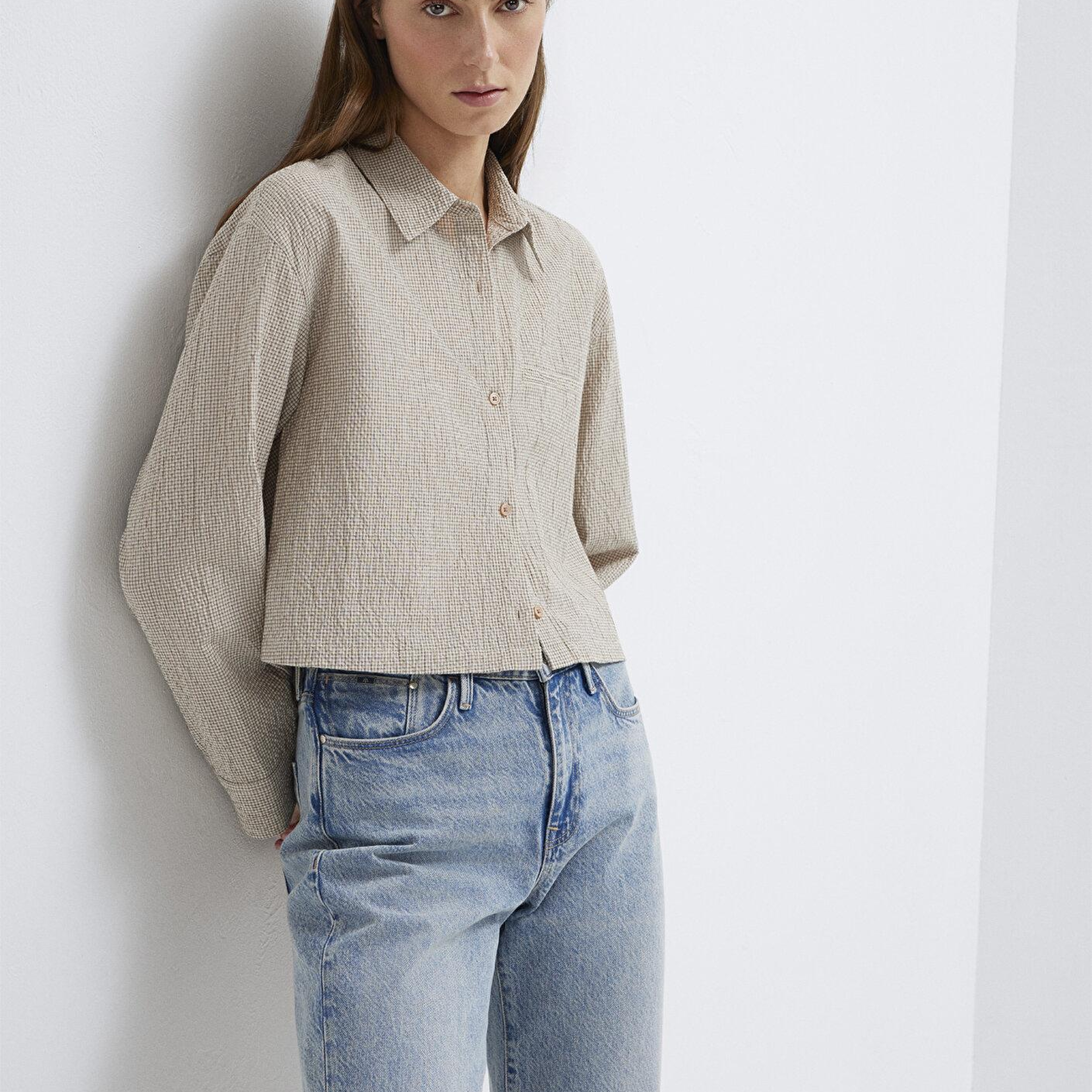 Mavi Kahverengi Ekose Crop Gömlek Loose Fit / Bol Rahat Kesim 1211388-83169