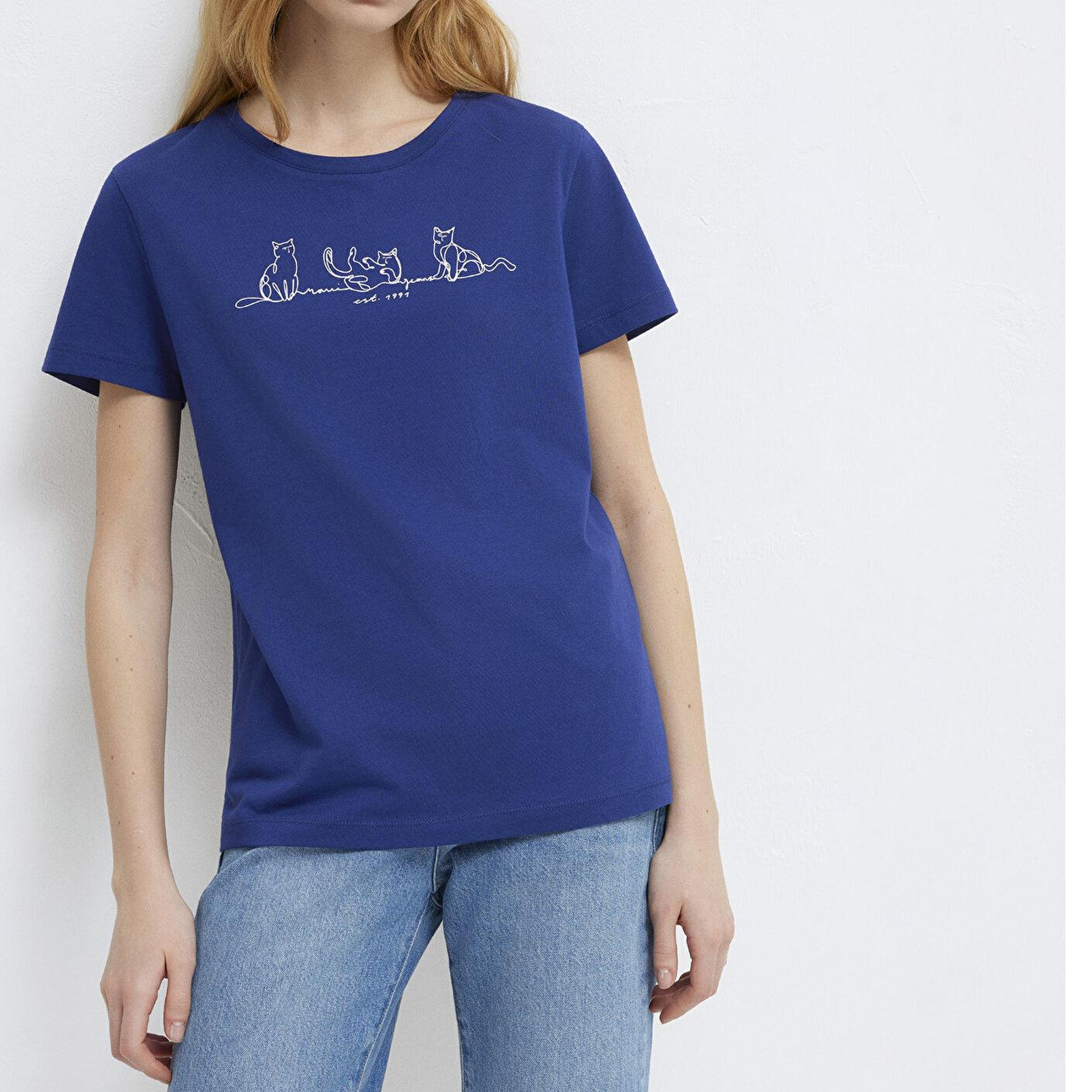 Mavi Kedi Baskılı Lacivert Tişört Semi Slim Fit / Yarı Dar Kesim 1613721-70722