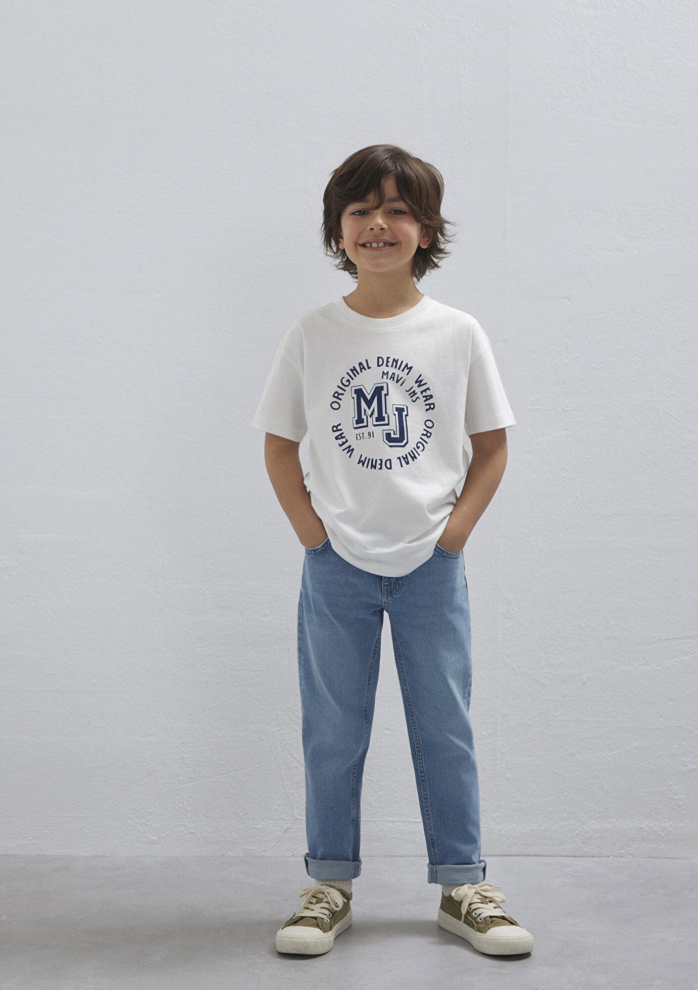 Mavi MJ Logo Baskılı Ekru Tişört Loose Fit / Bol Rahat Kesim 6610395-70057