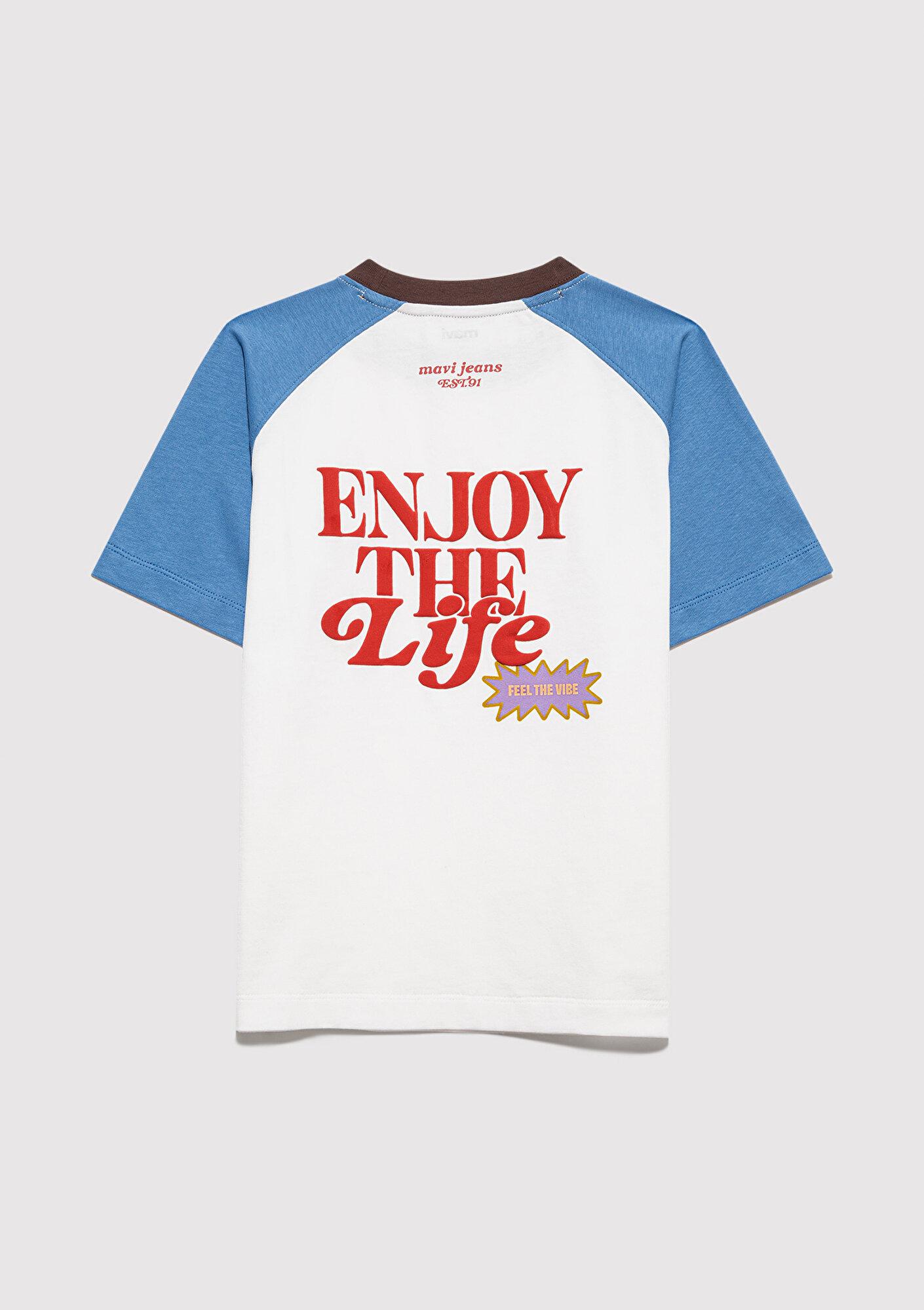 Mavi Baskılı Ekru Tişört Loose Fit / Bol Rahat Kesim 6610410-70057