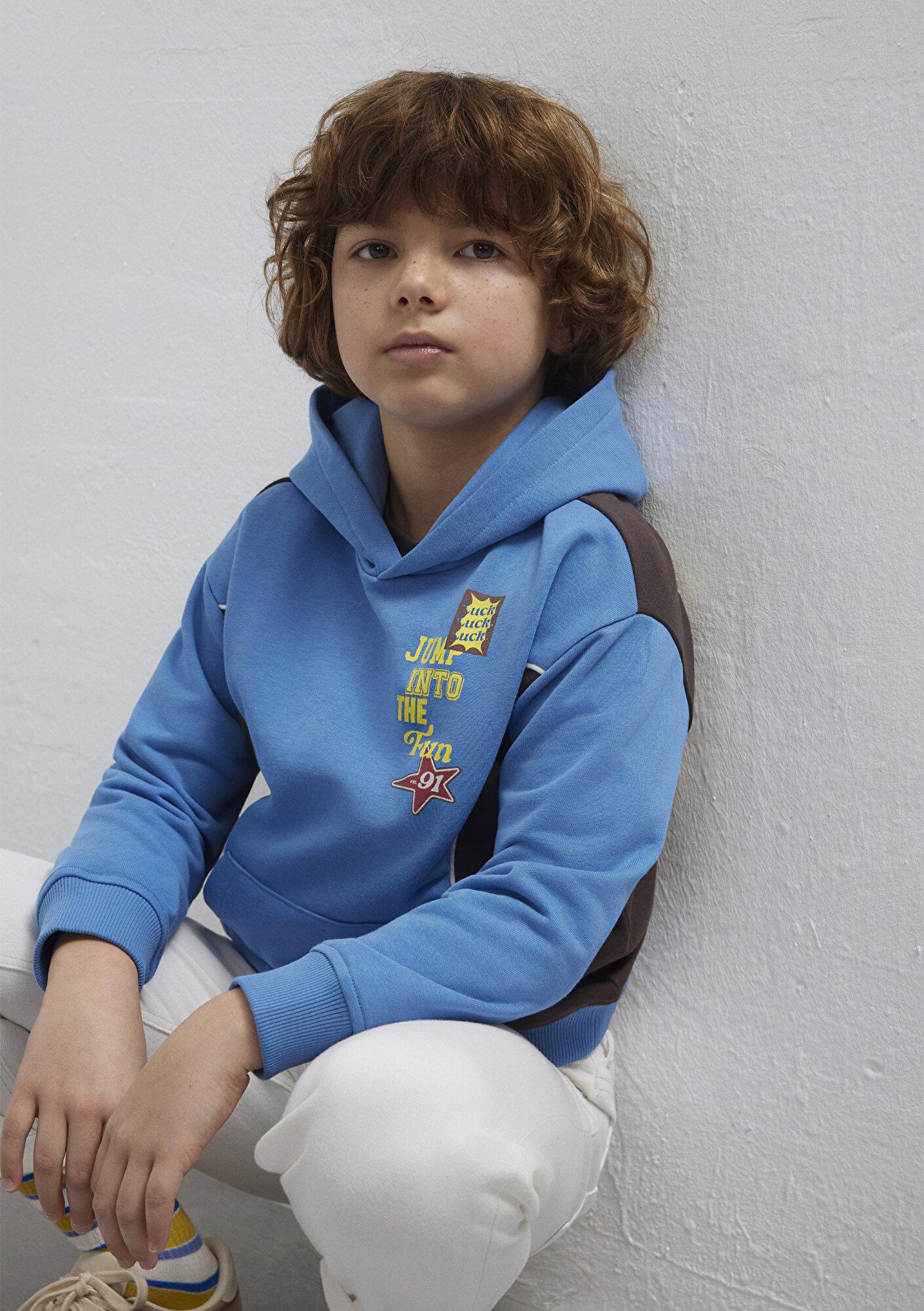 Mavi Baskılı Kapüşonlu Mavi Sweatshirt 6S10166-70724