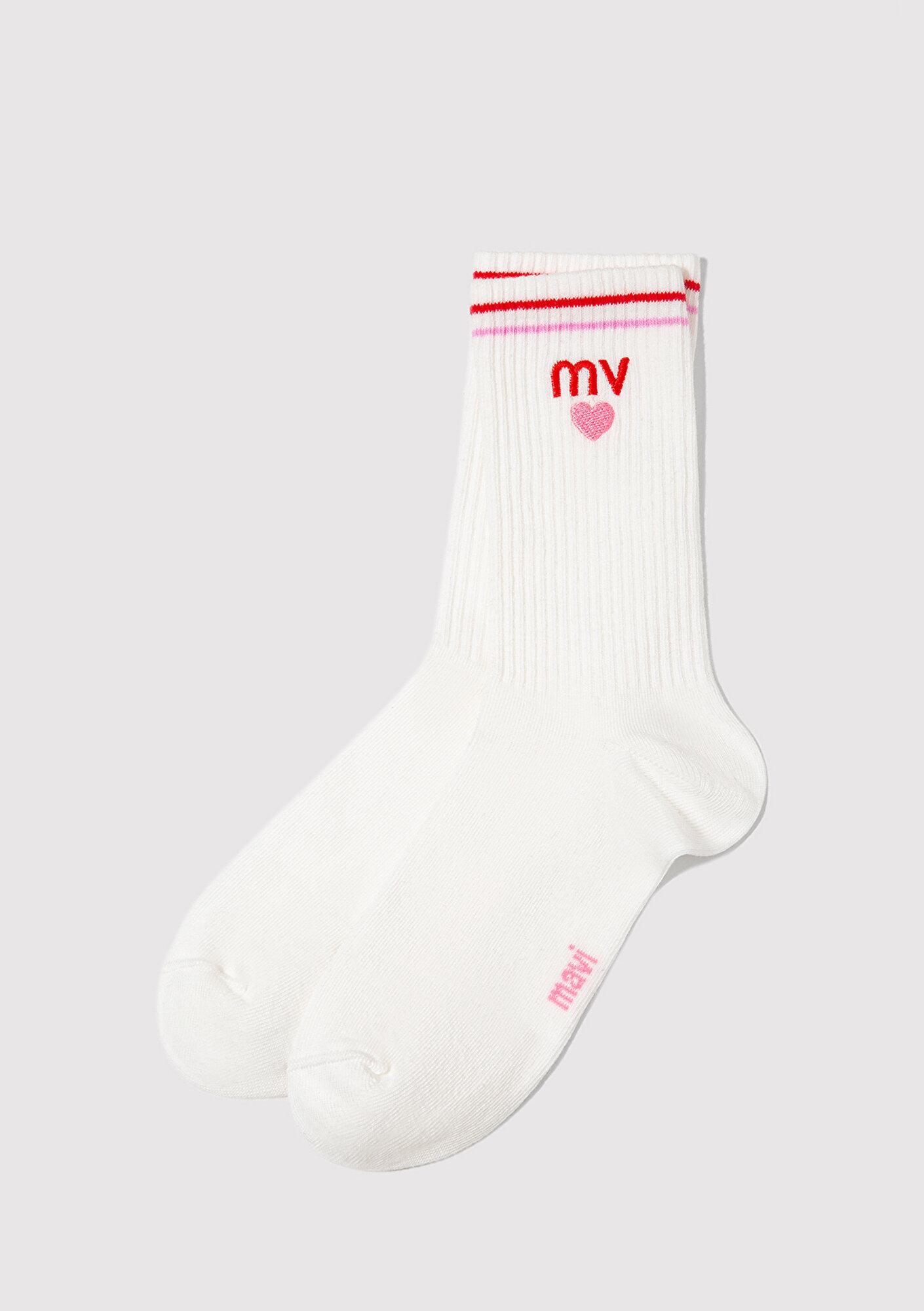 Mavi MV İşlemeli Ekru Soket Çorap 1913861-34523