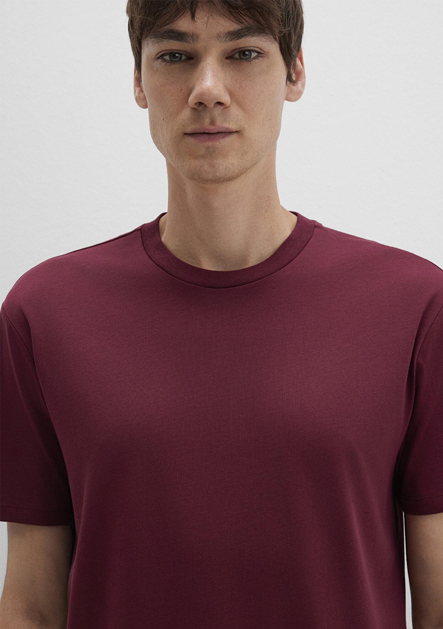 Mavi Etiket Detaylı Bordo Basic Tişört Loose Fit / Bol Rahat Kesim 0611824-70394