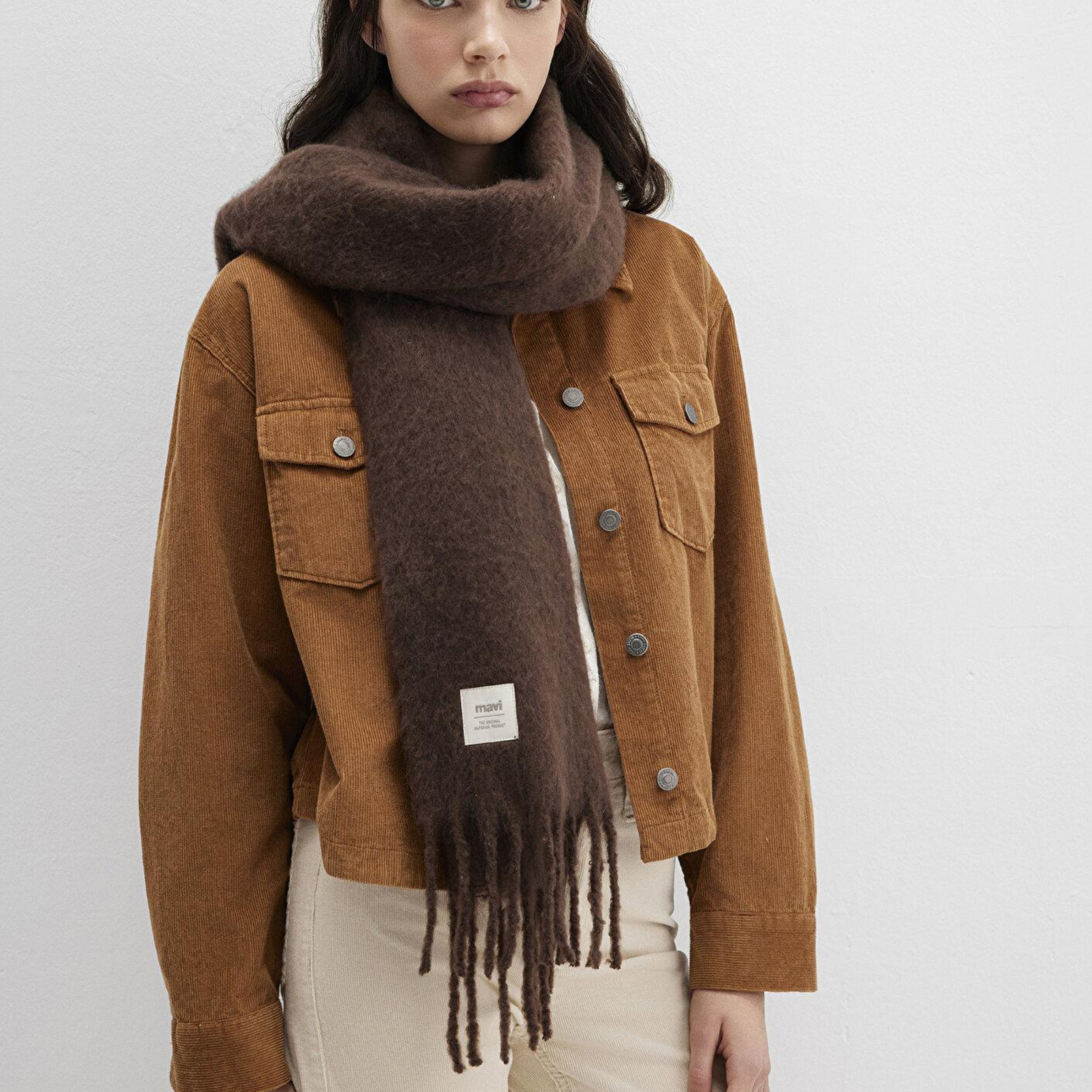 Mavi Püsküllü Kahverengi Atkı 1912807-81329