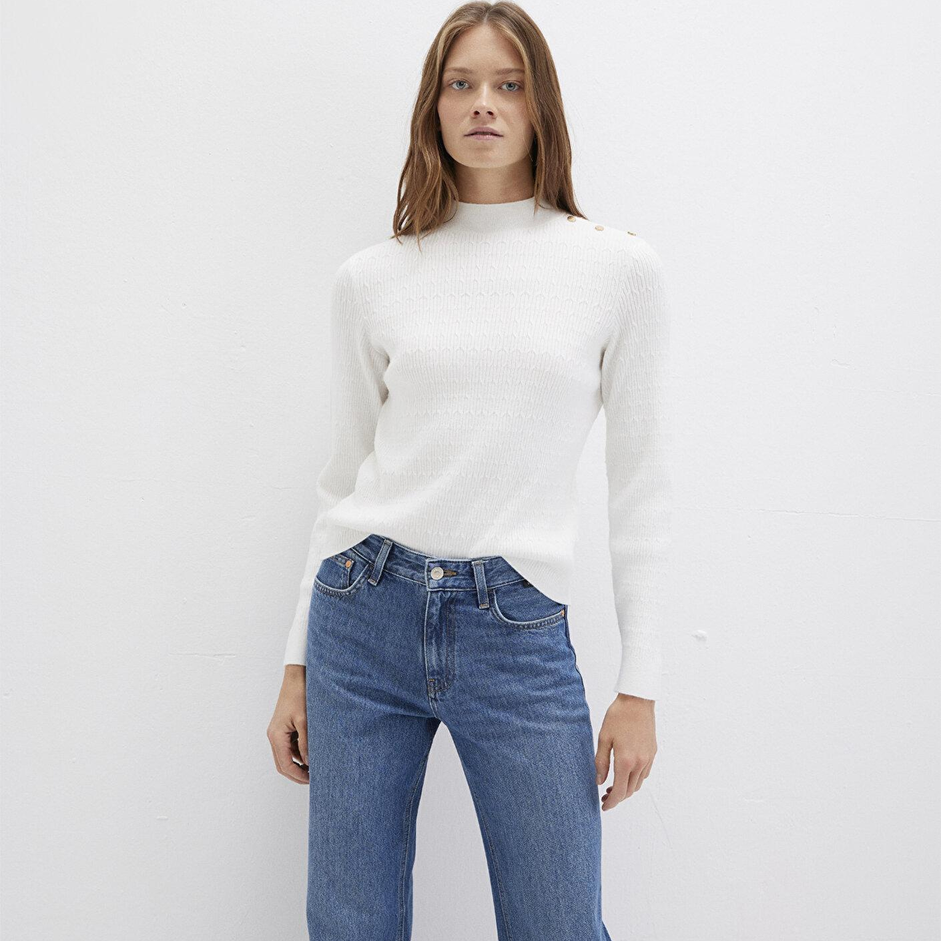 Mavi Omuz Detaylı Ekru Kazak Slim Fit / Dar Kesim 1710798-70057