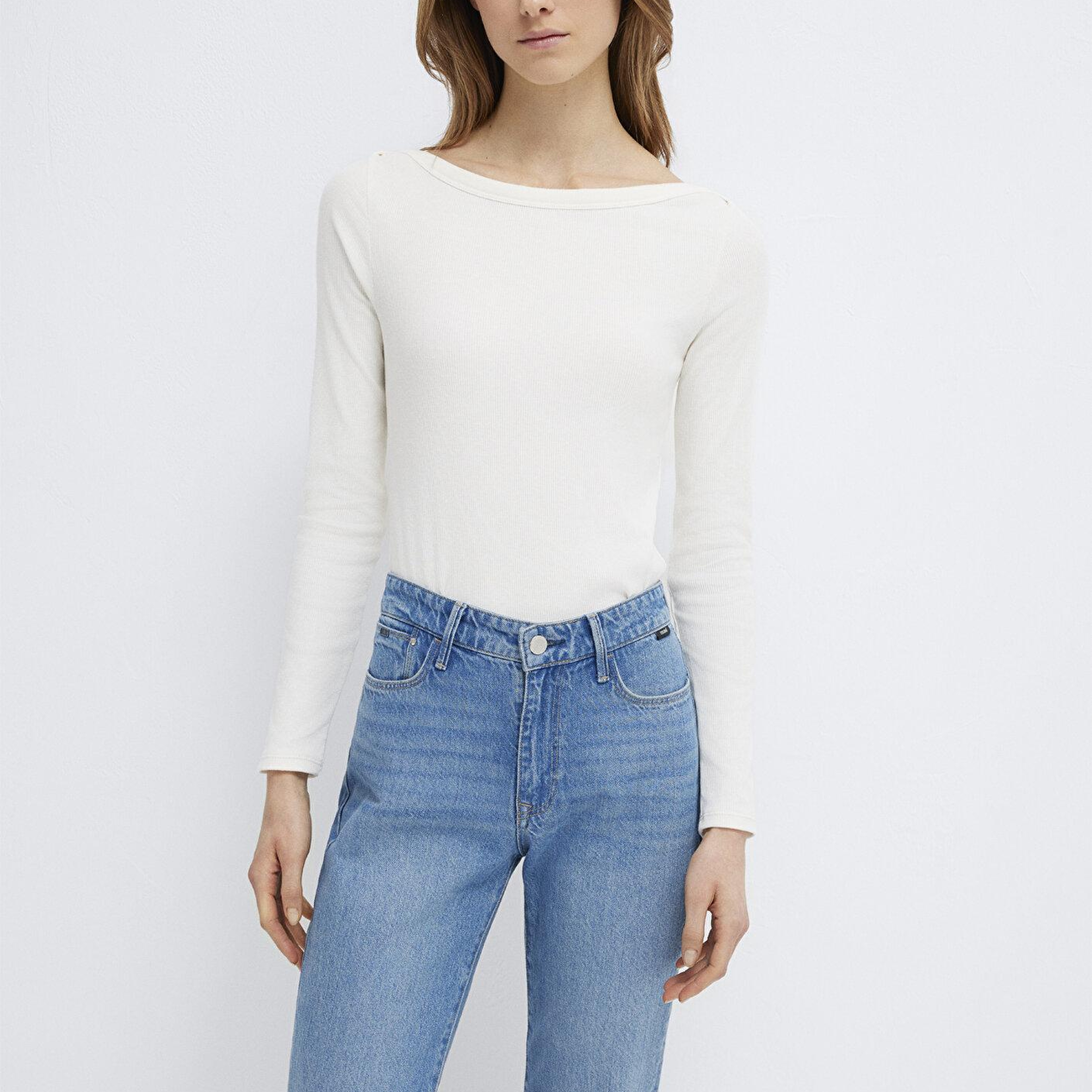 Mavi Uzun Kollu Ekru Basic Tişört Slim Fit / Dar Kesim 1613622-80194