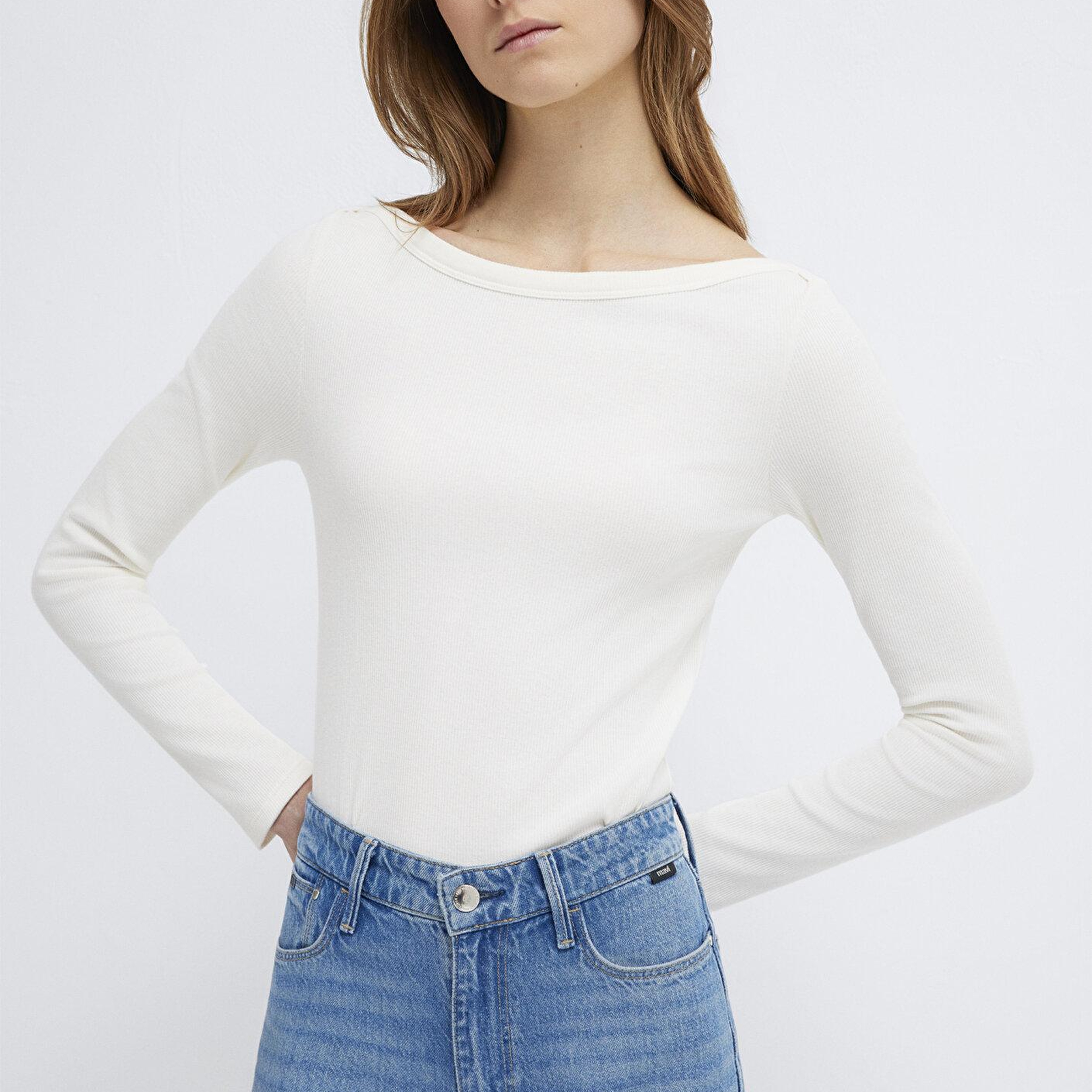 Mavi Uzun Kollu Ekru Basic Tişört Slim Fit / Dar Kesim 1613622-80194