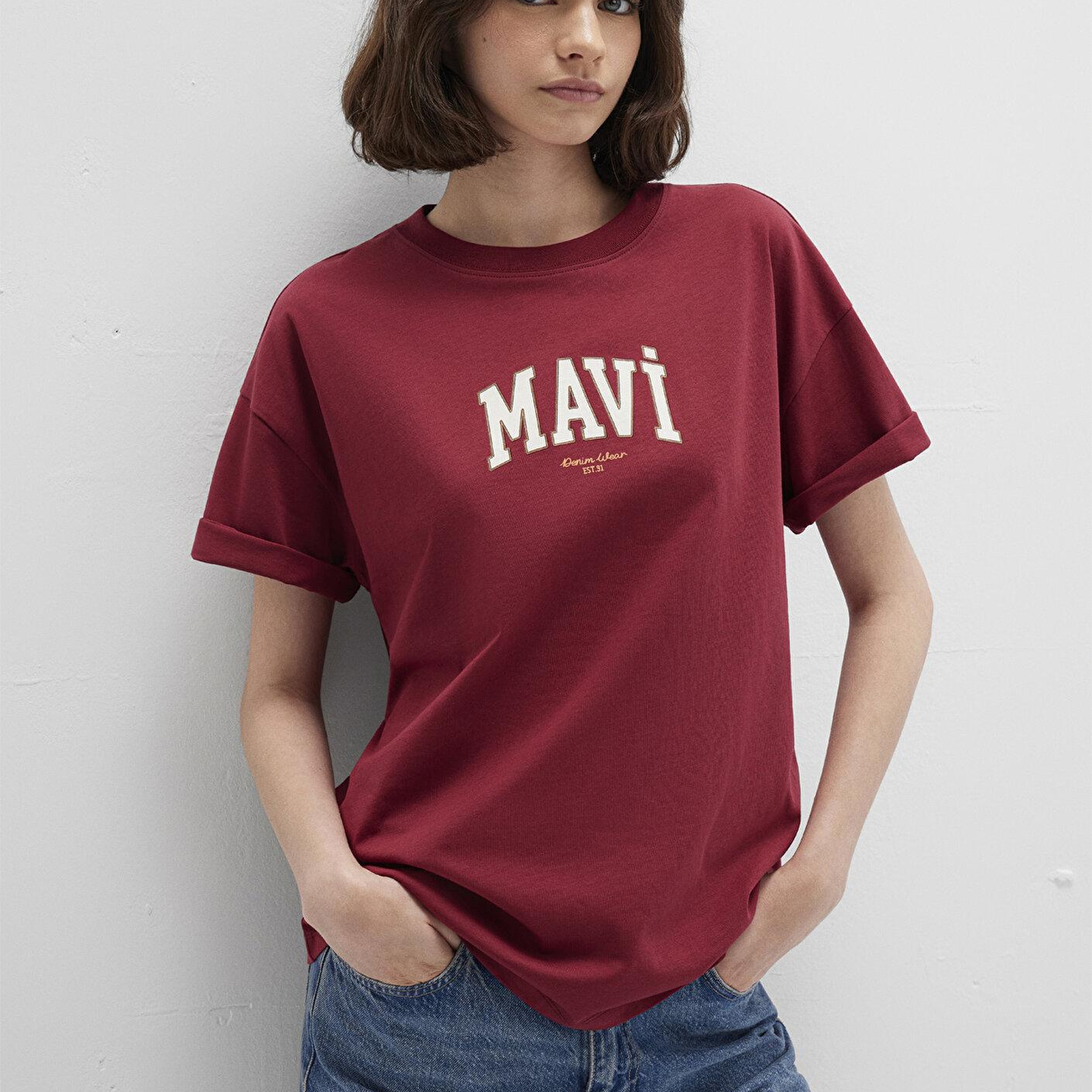 Mavi Mavi Logo Baskılı Bordo Tişört Loose Fit / Bol Rahat Kesim 1613410-70430